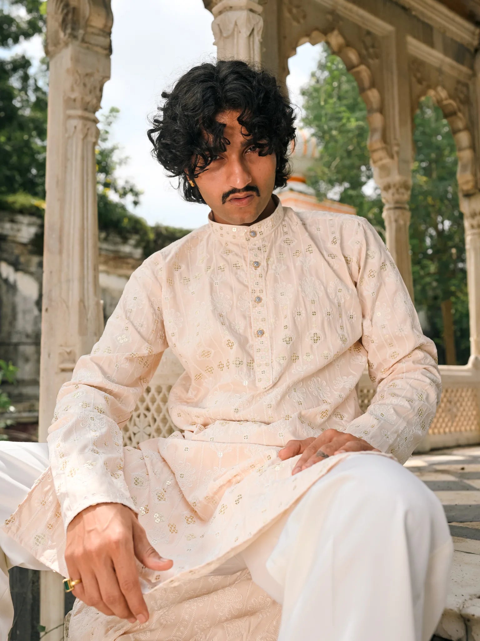 Peach Thread And Mirror Work Long Kurta