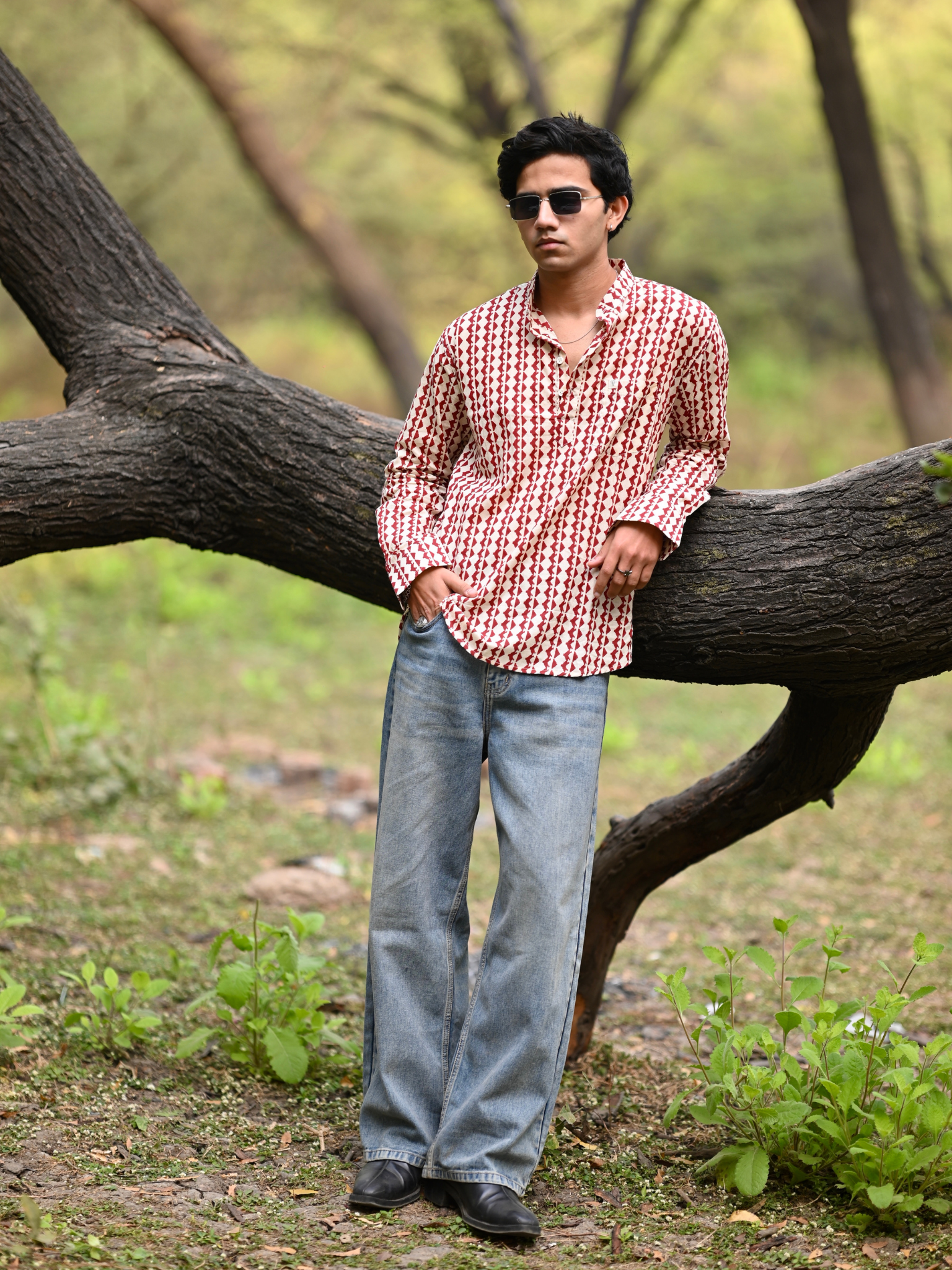 Cream Maroon zigzag short kurta