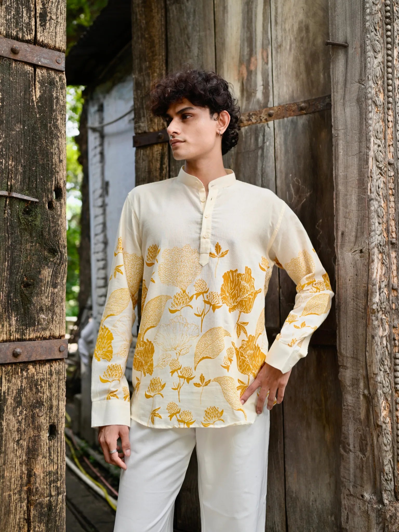 Mustard Floral Cotton short kurta