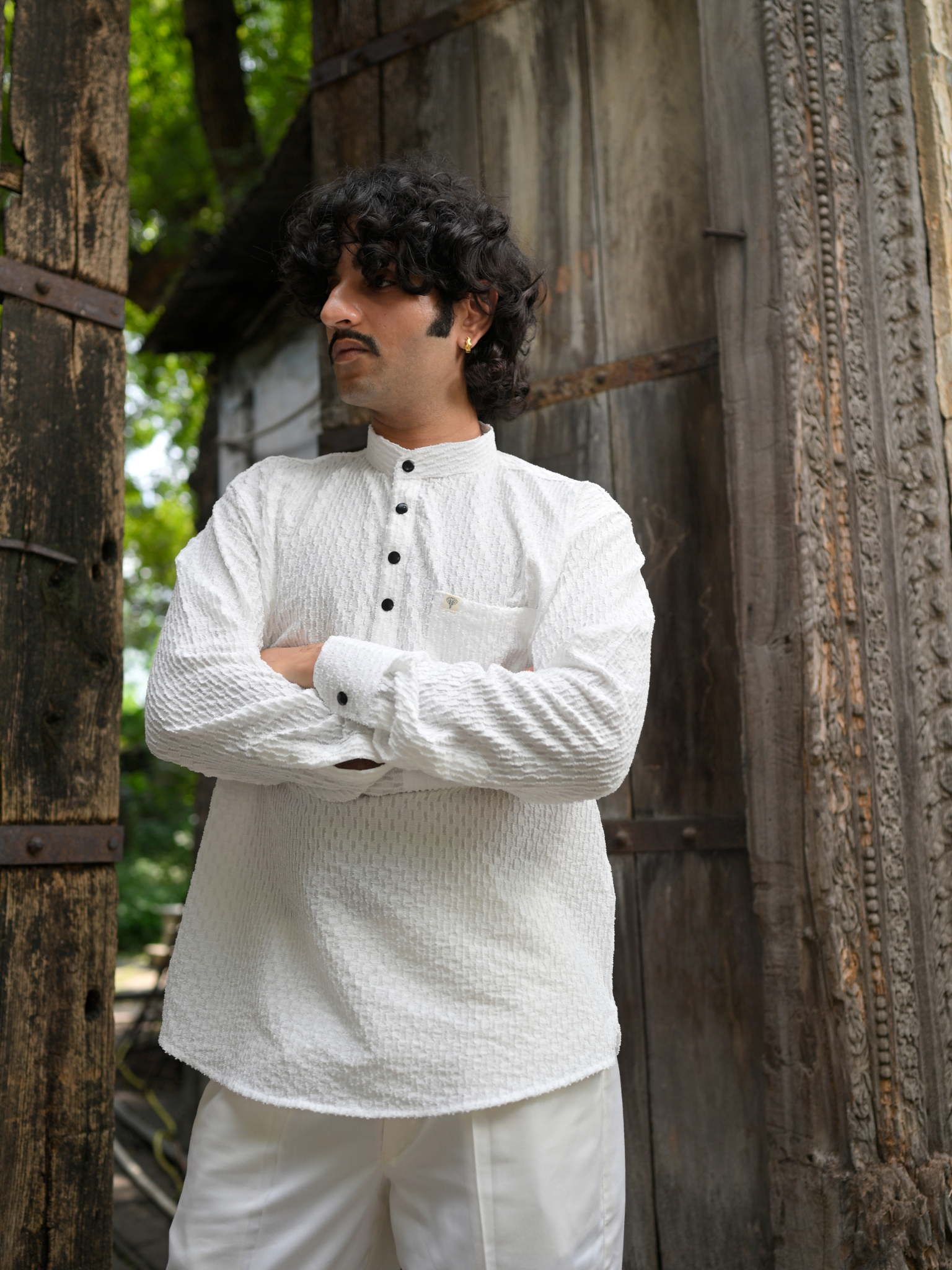 White Texture Weave Short Kurta