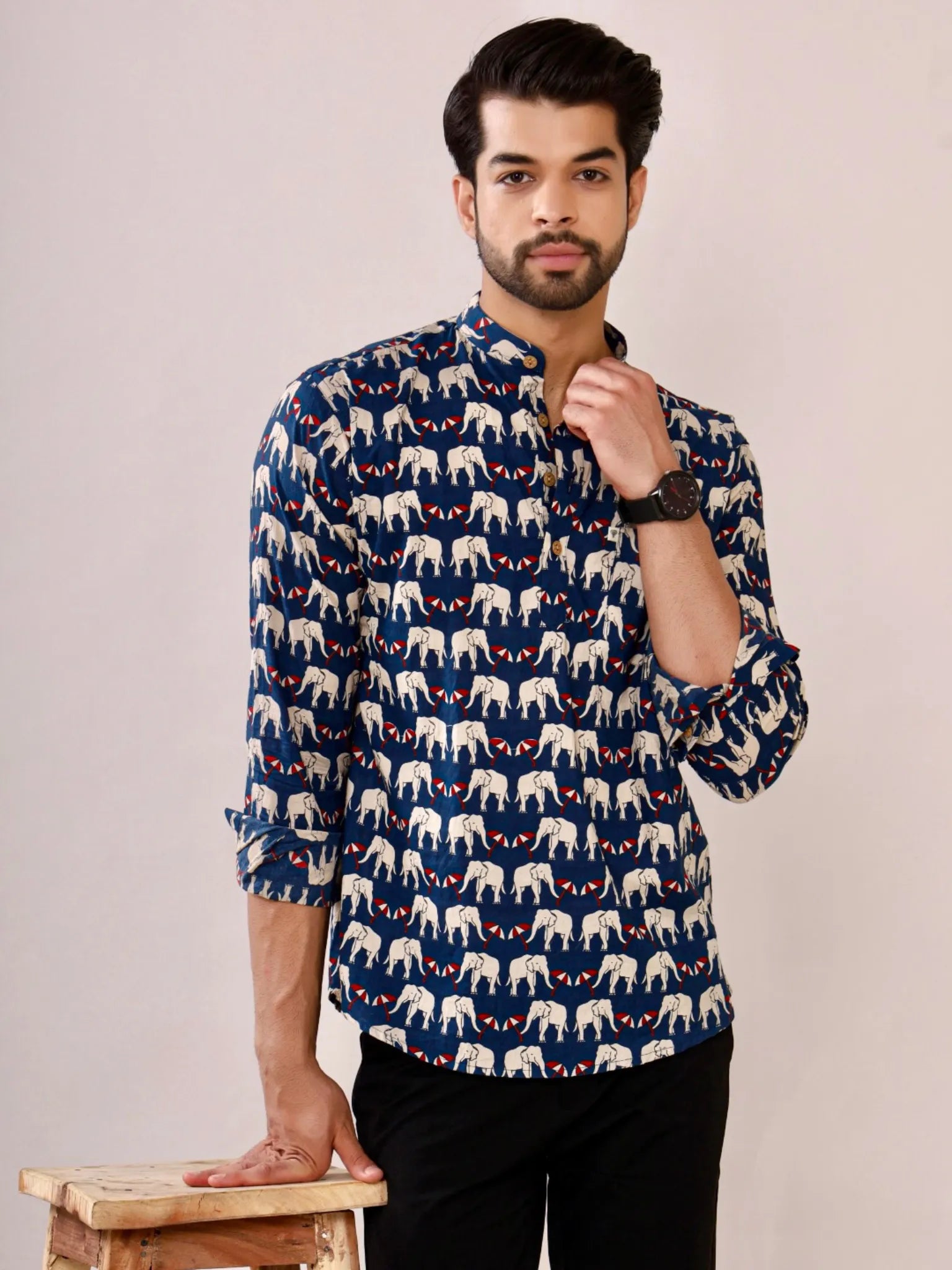 Navy Blue Elephant Umbrella Printed Short Kurta