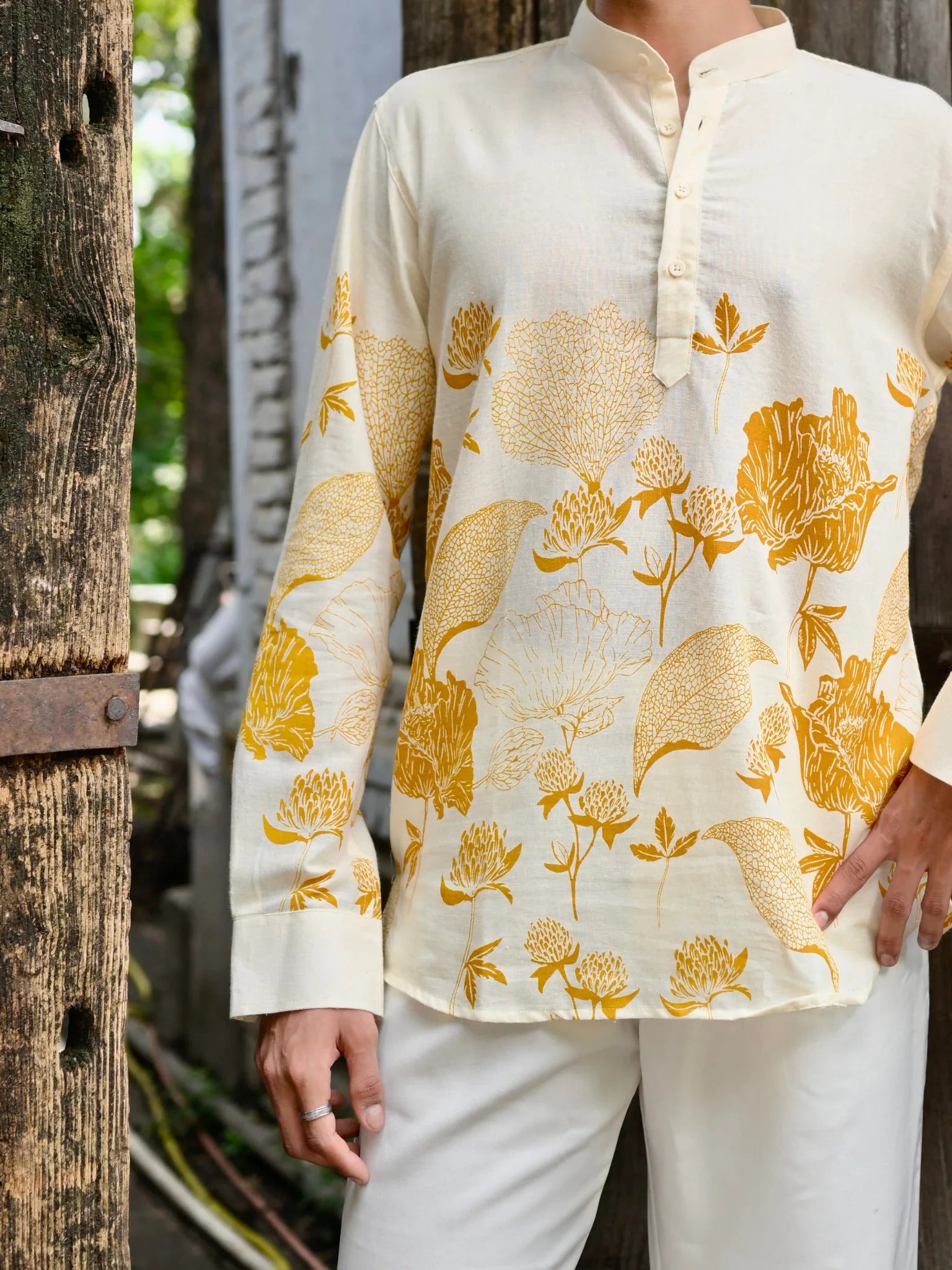 Mustard Floral Cotton short kurta