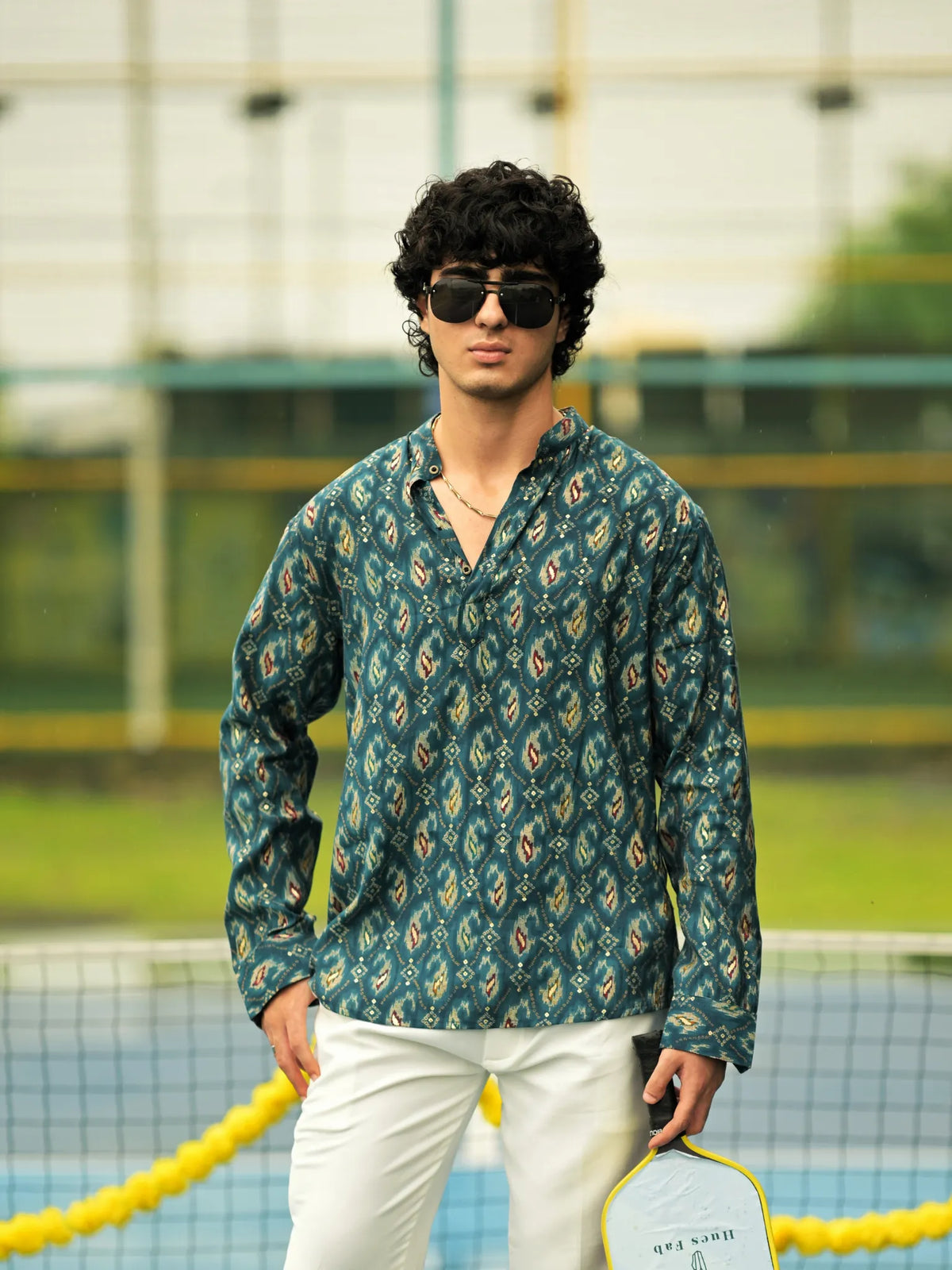 HUESFAB Teal Blue Ikat Print Short Kurta
