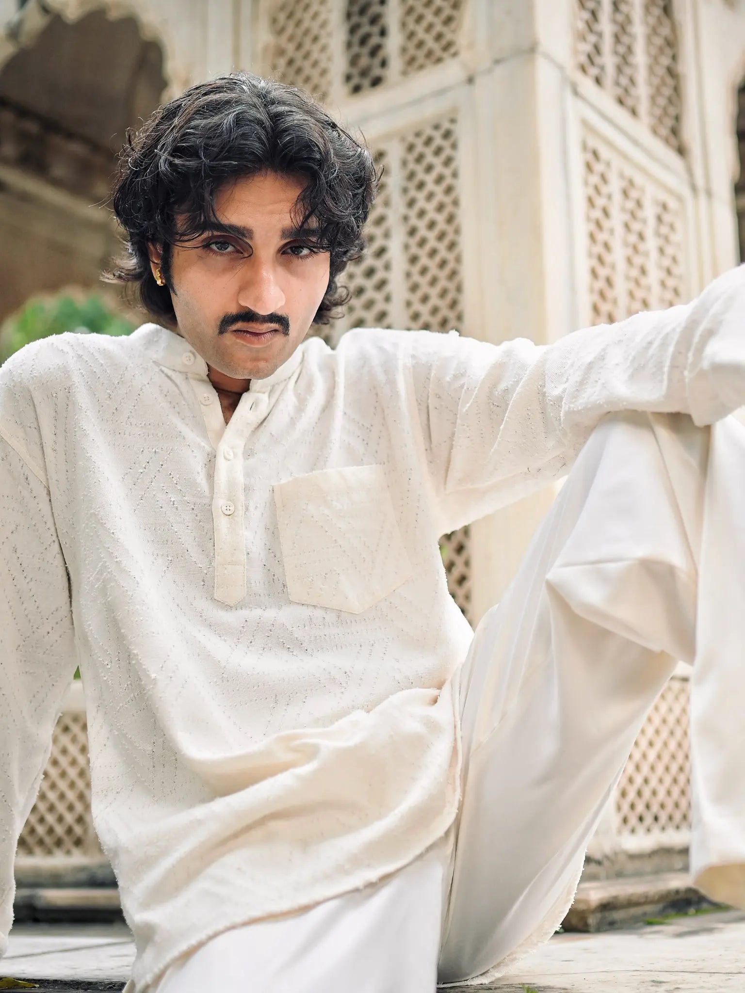 White Rugged Denim Short Kurta