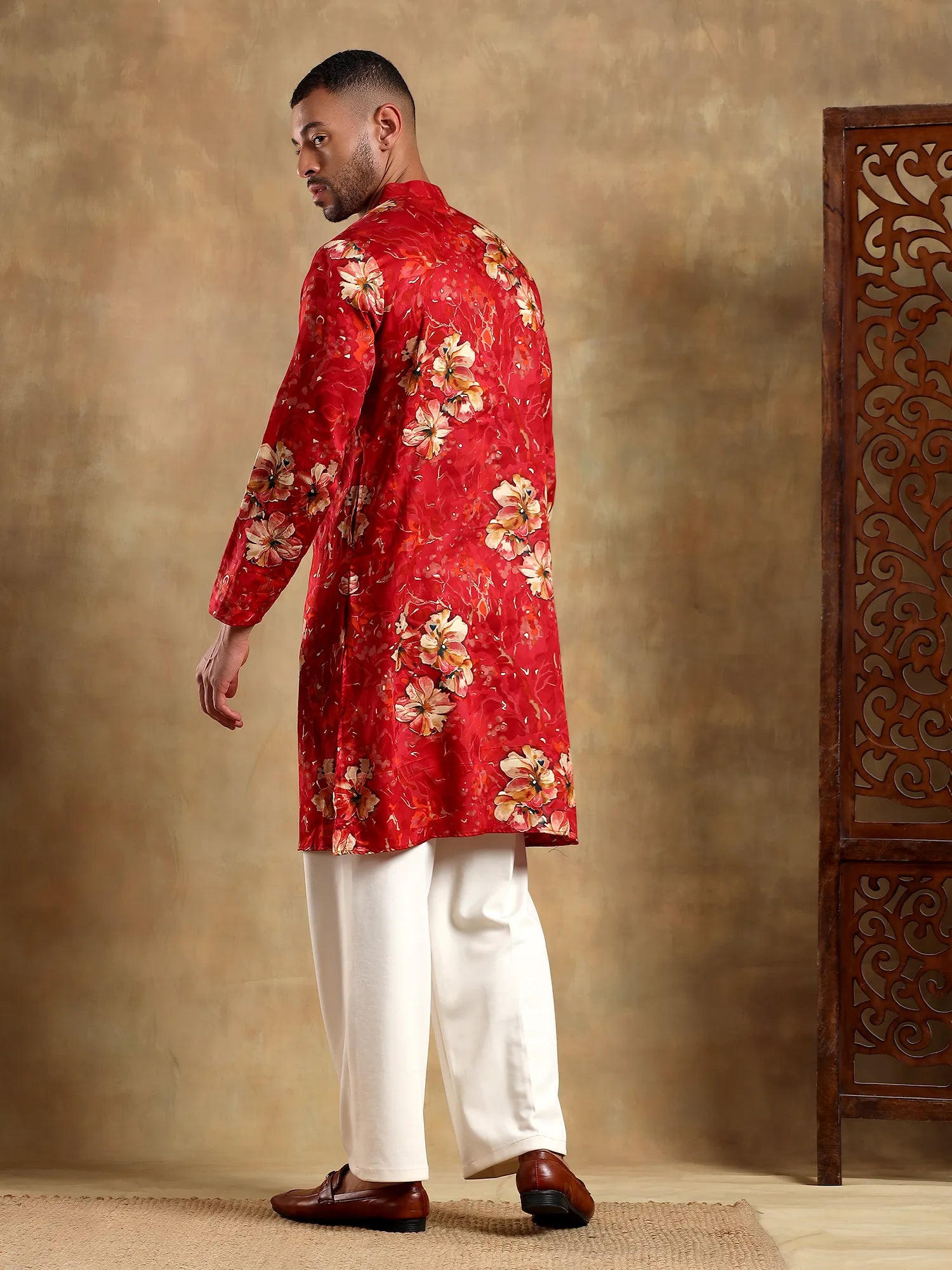 Red Floral gold Foil Long Kurta