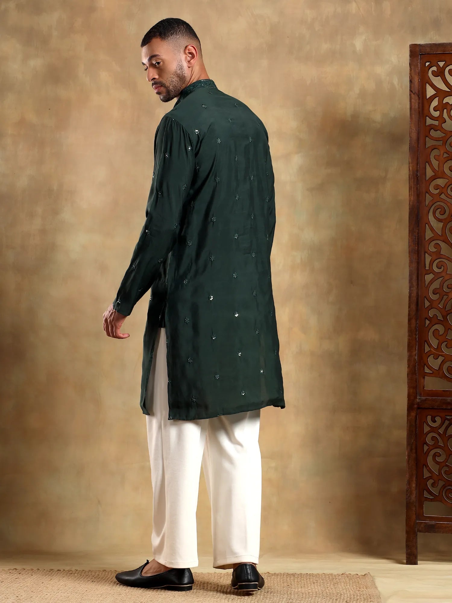 Deep Green Embroidered Long Kurta