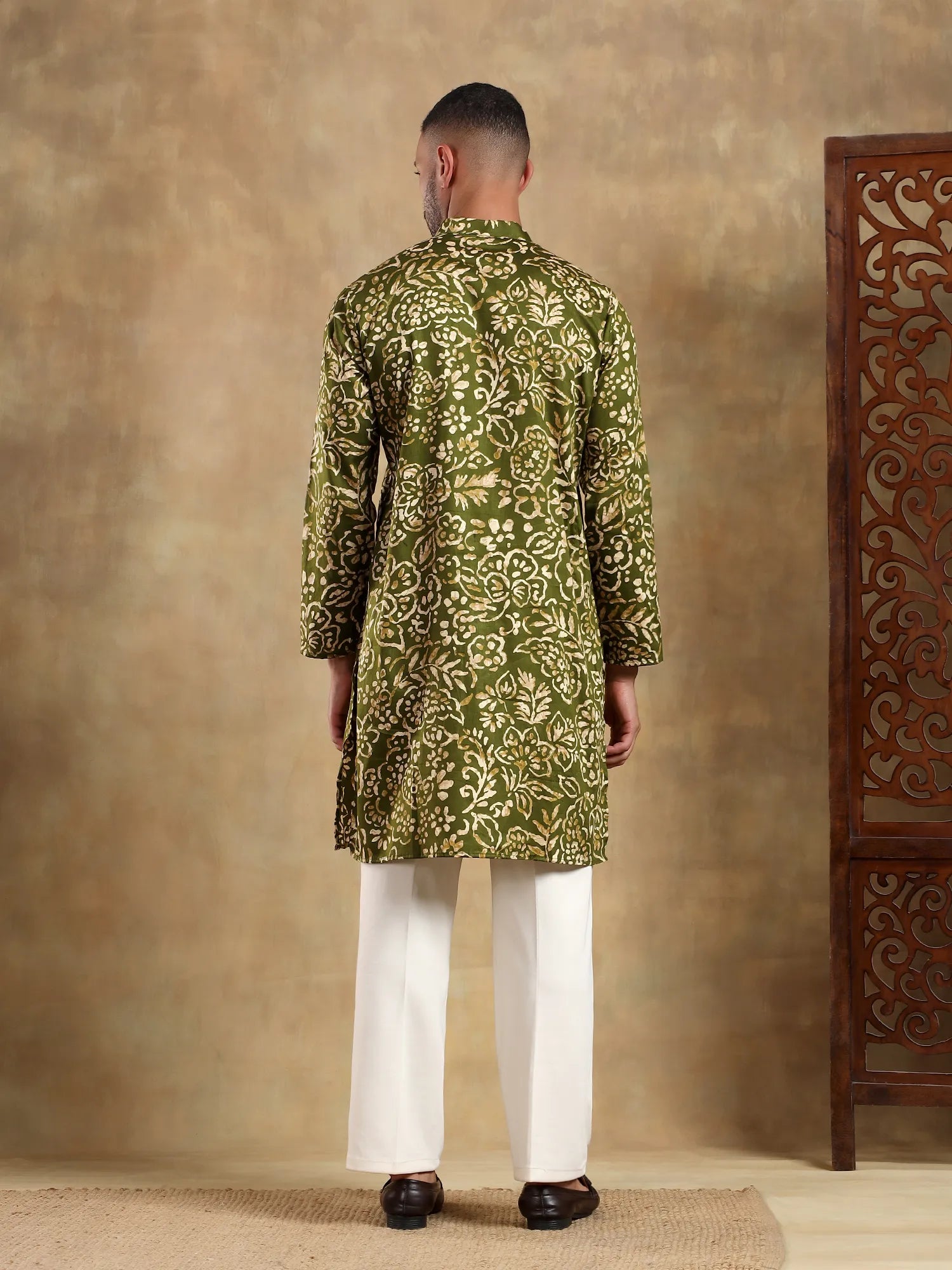 Olive Green Floral Printed Long Kurta