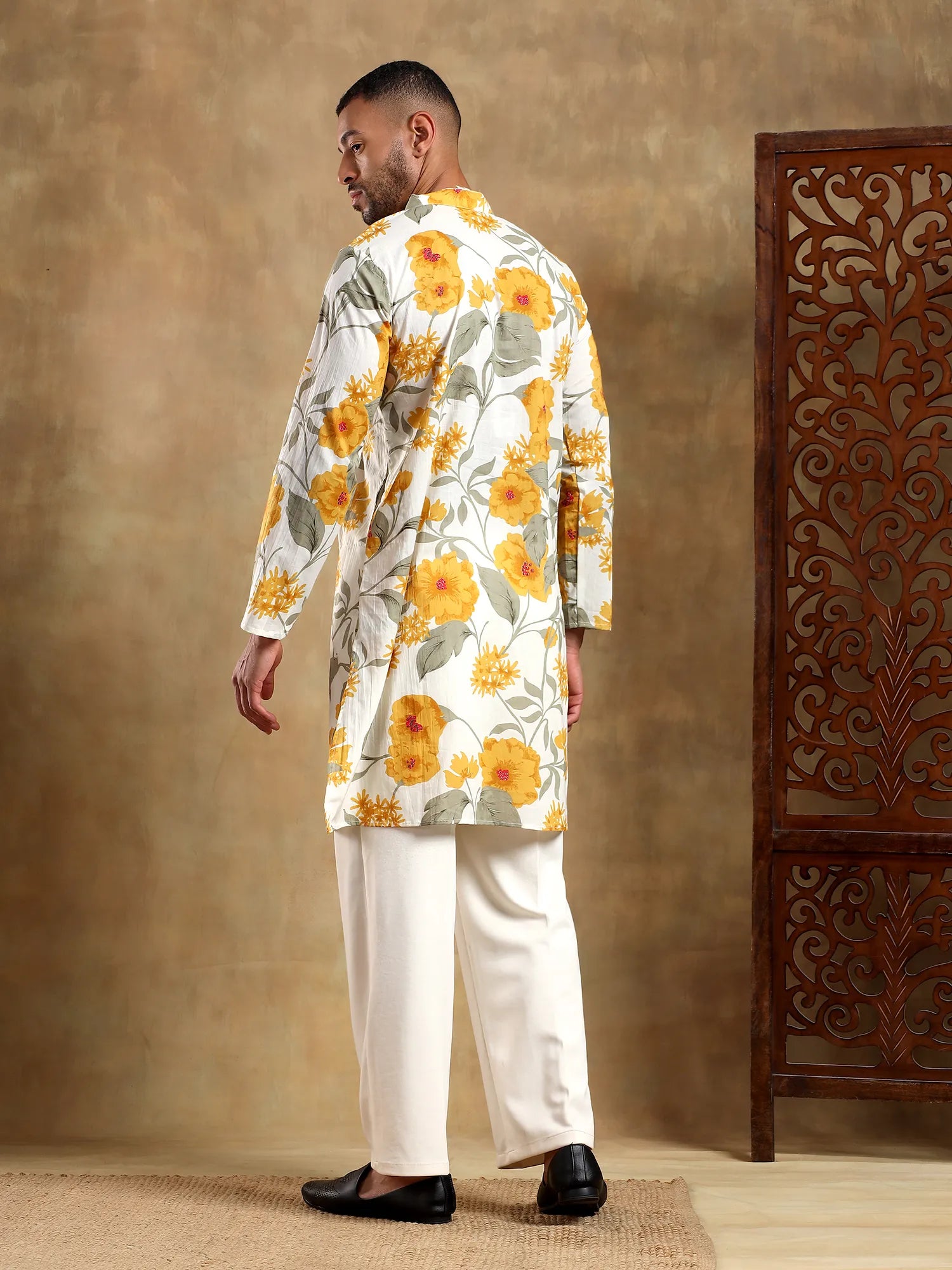 White/Yellow floral Printed Long Kurta & pyjama set