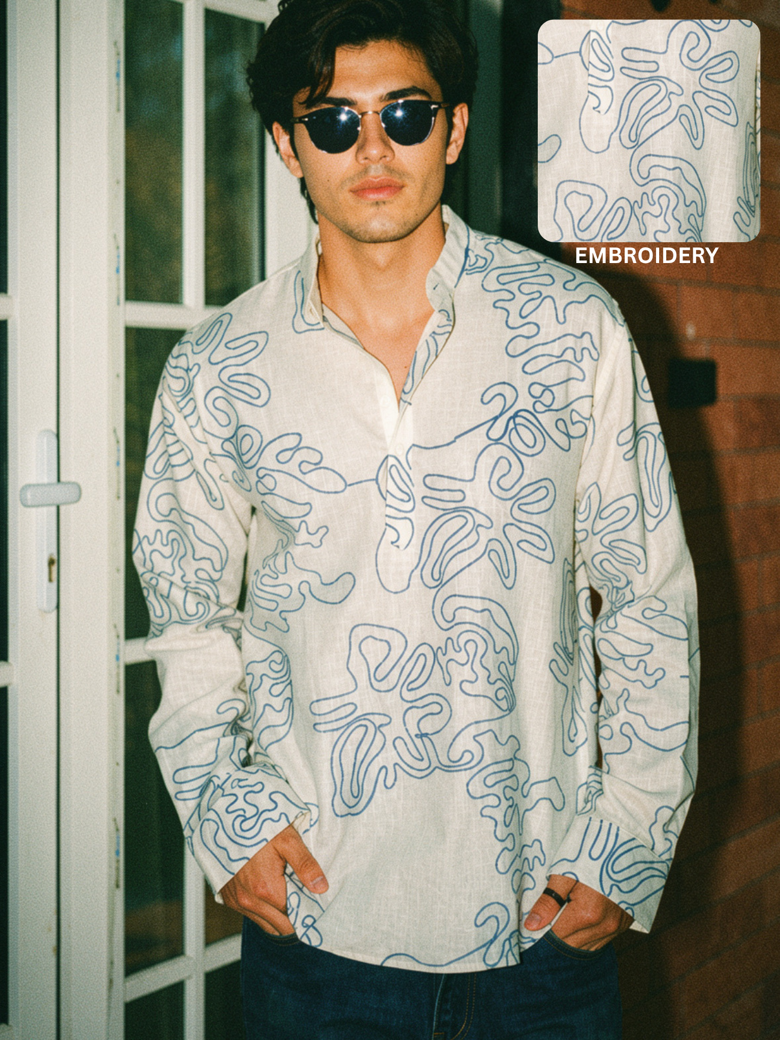 HUESFAB White Embroidery Short Kurta