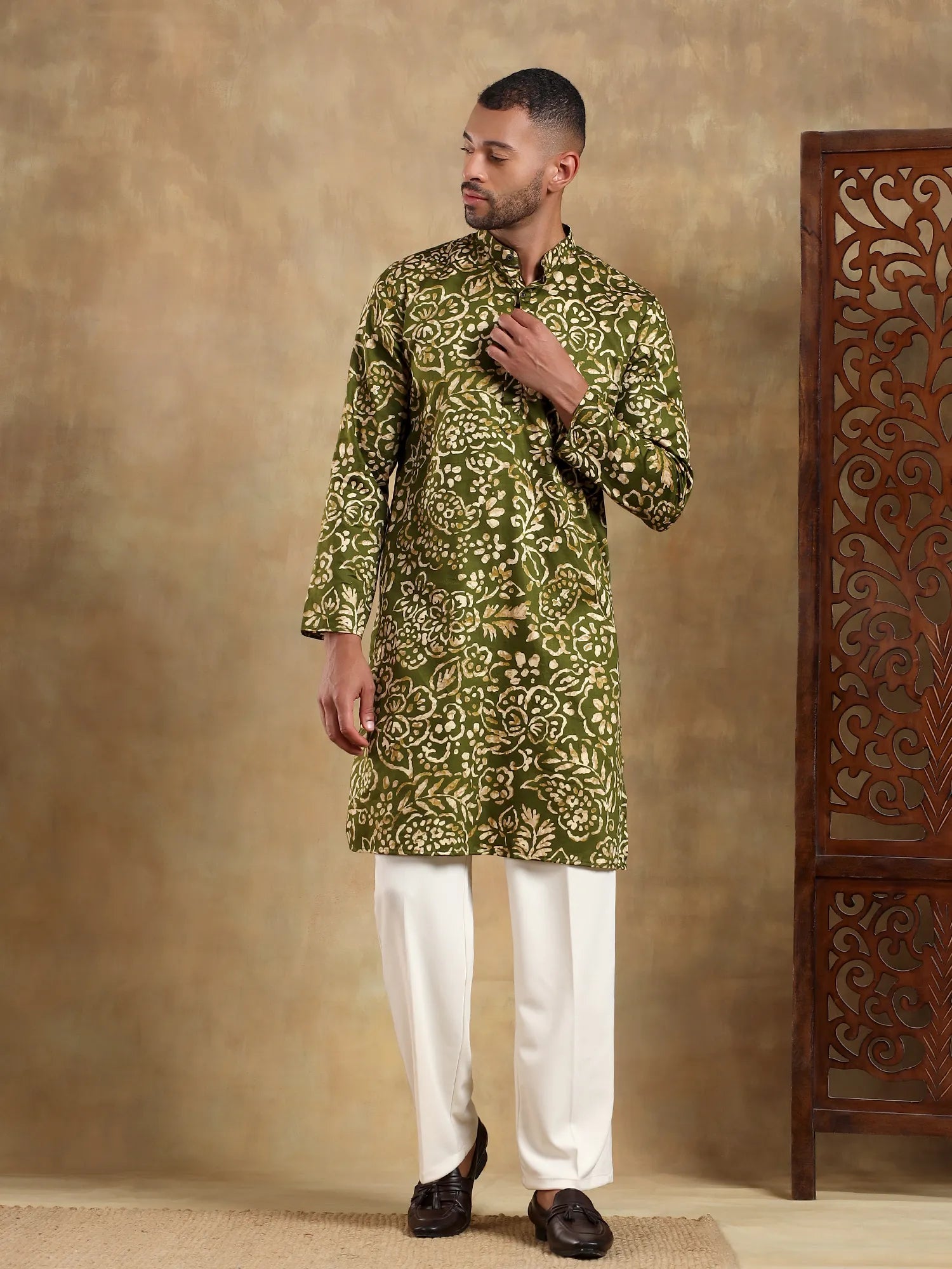 Olive Green Floral Printed Long Kurta