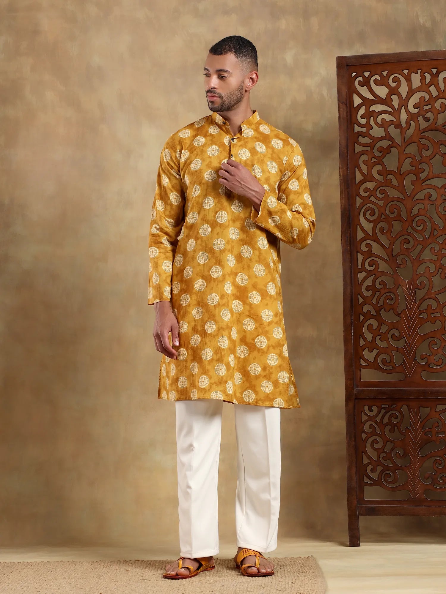Mustard Orbit Printed Long Kurta & pyjama set
