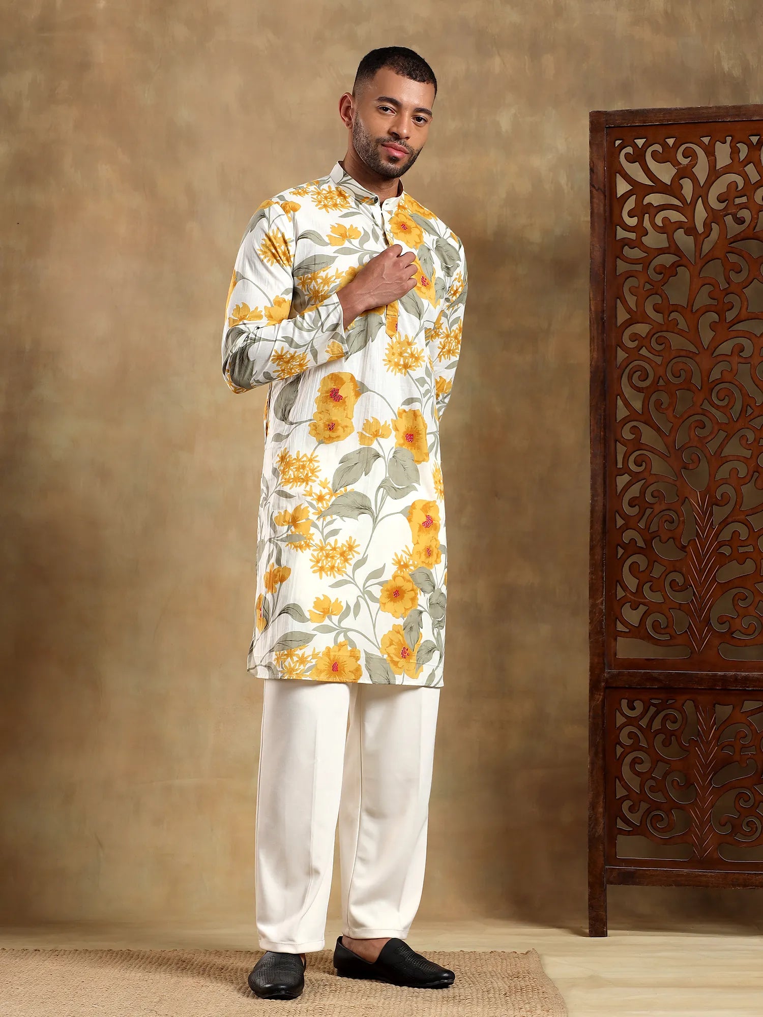 White/Yellow floral Printed Long Kurta & pyjama set