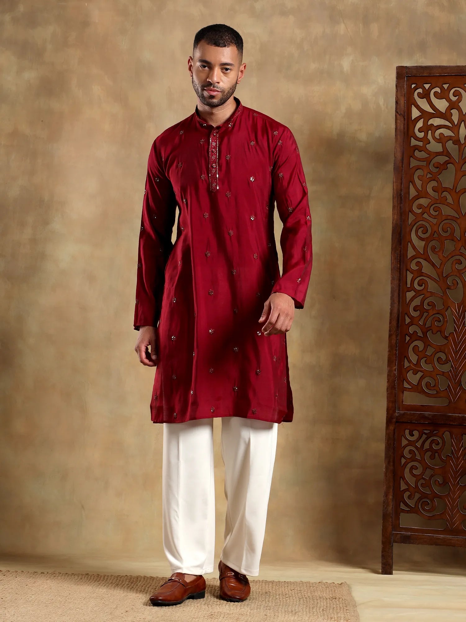 Maroon Embroidered Long Kurta