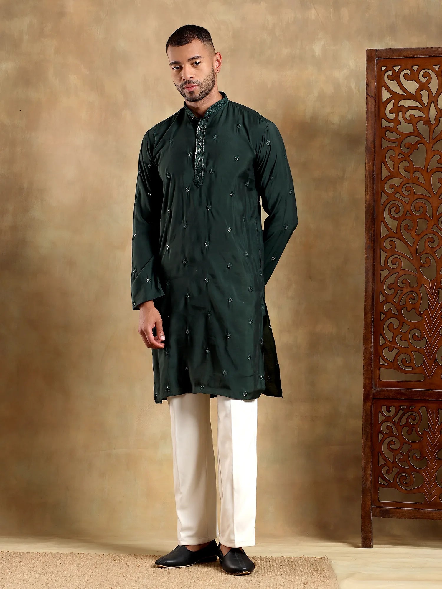 Deep Green Embroidered Long Kurta