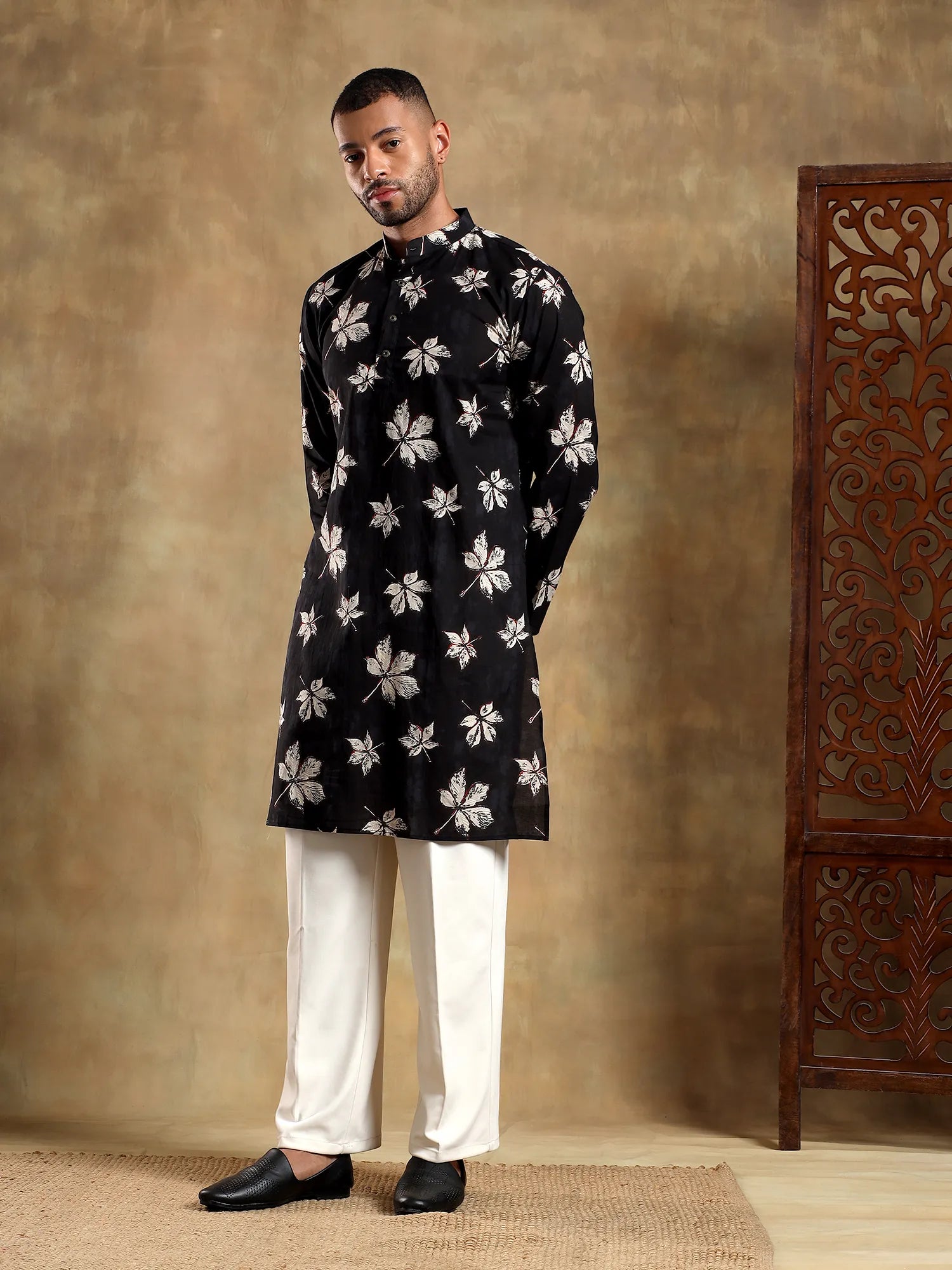 Black Leaf Printed Long Kurta & pyjama set