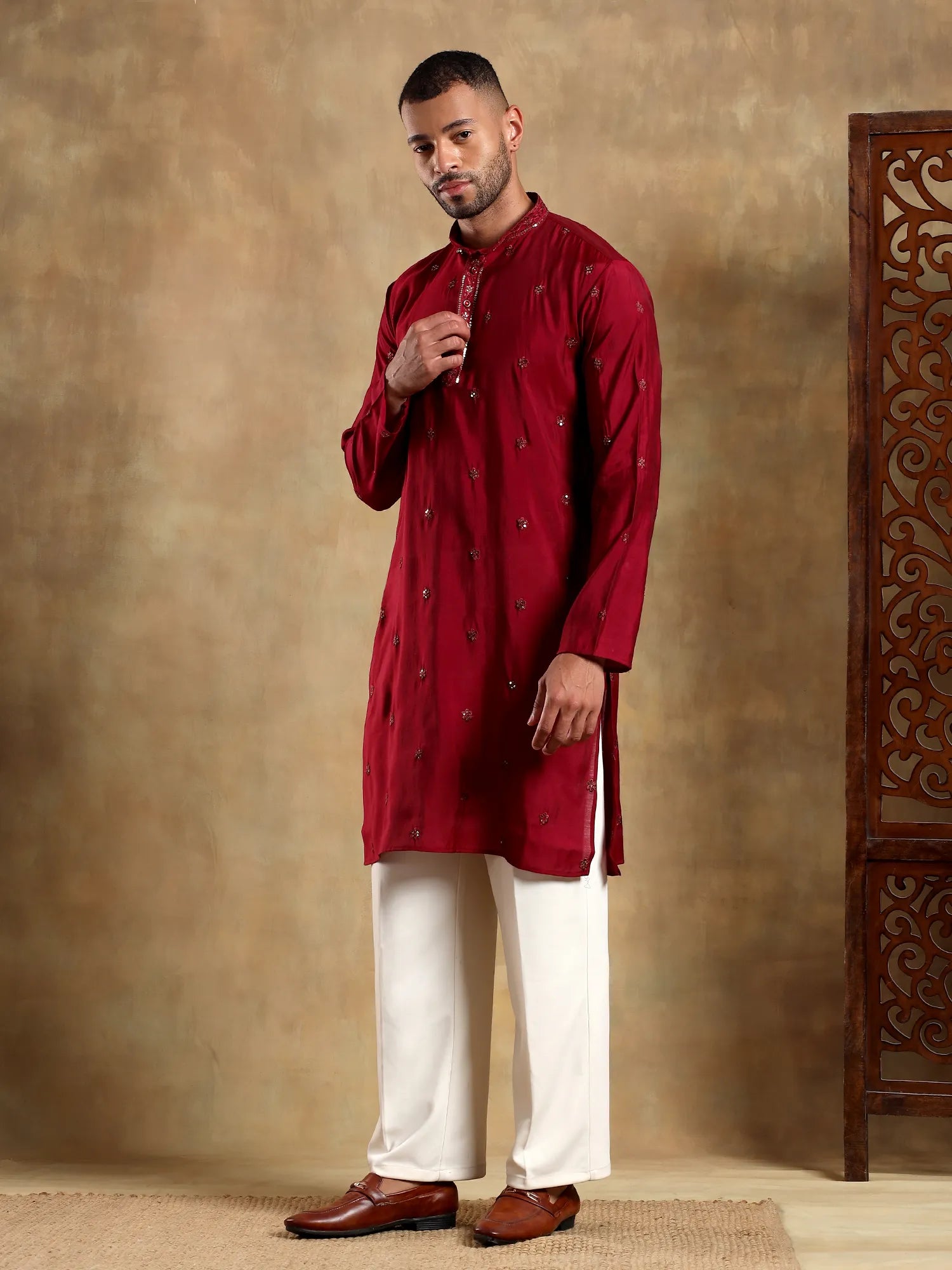 Maroon Embroidered Long Kurta