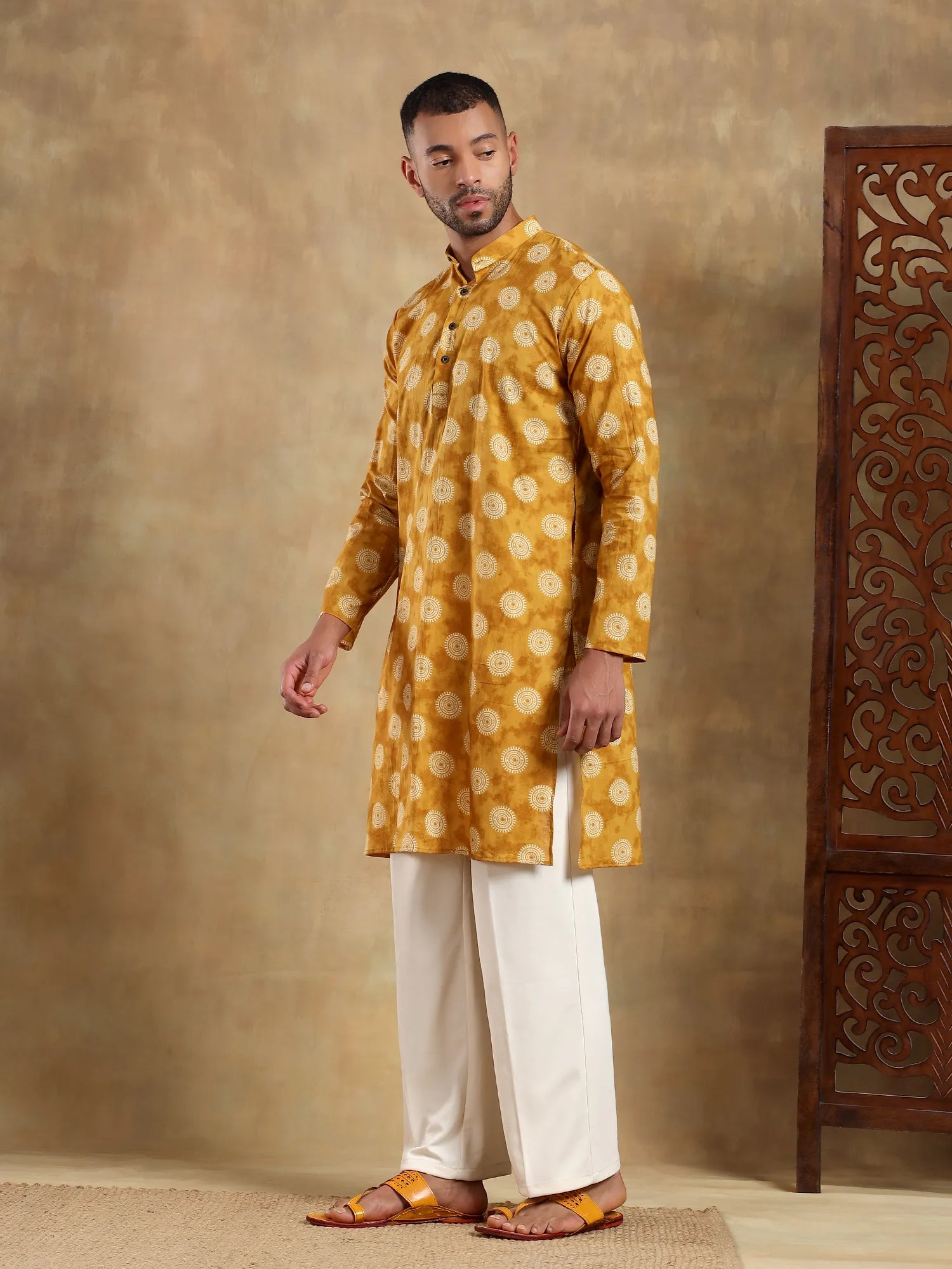 Mustard Orbit Printed Long Kurta & pyjama set