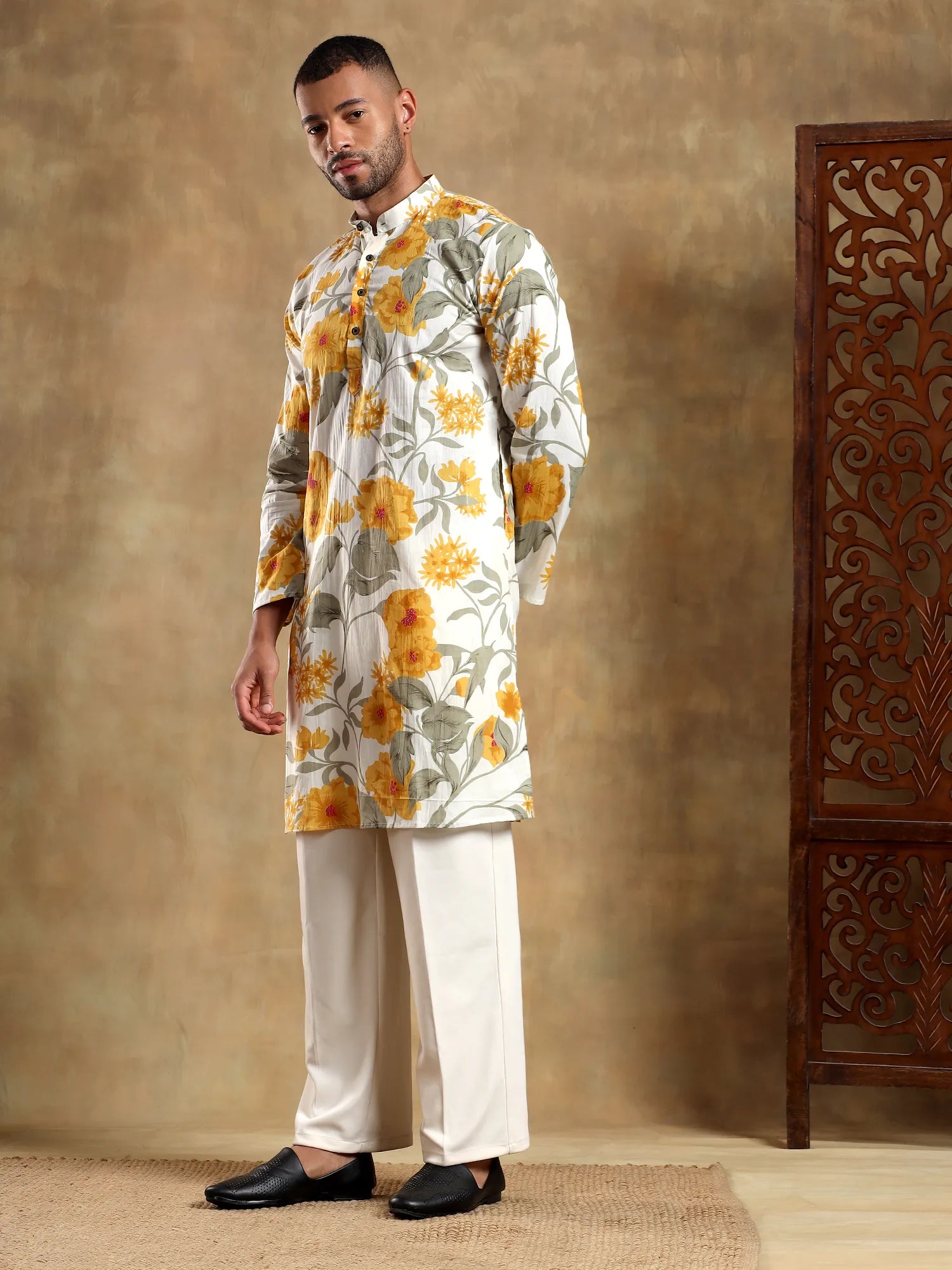 White/Yellow floral Printed Long Kurta & pyjama set