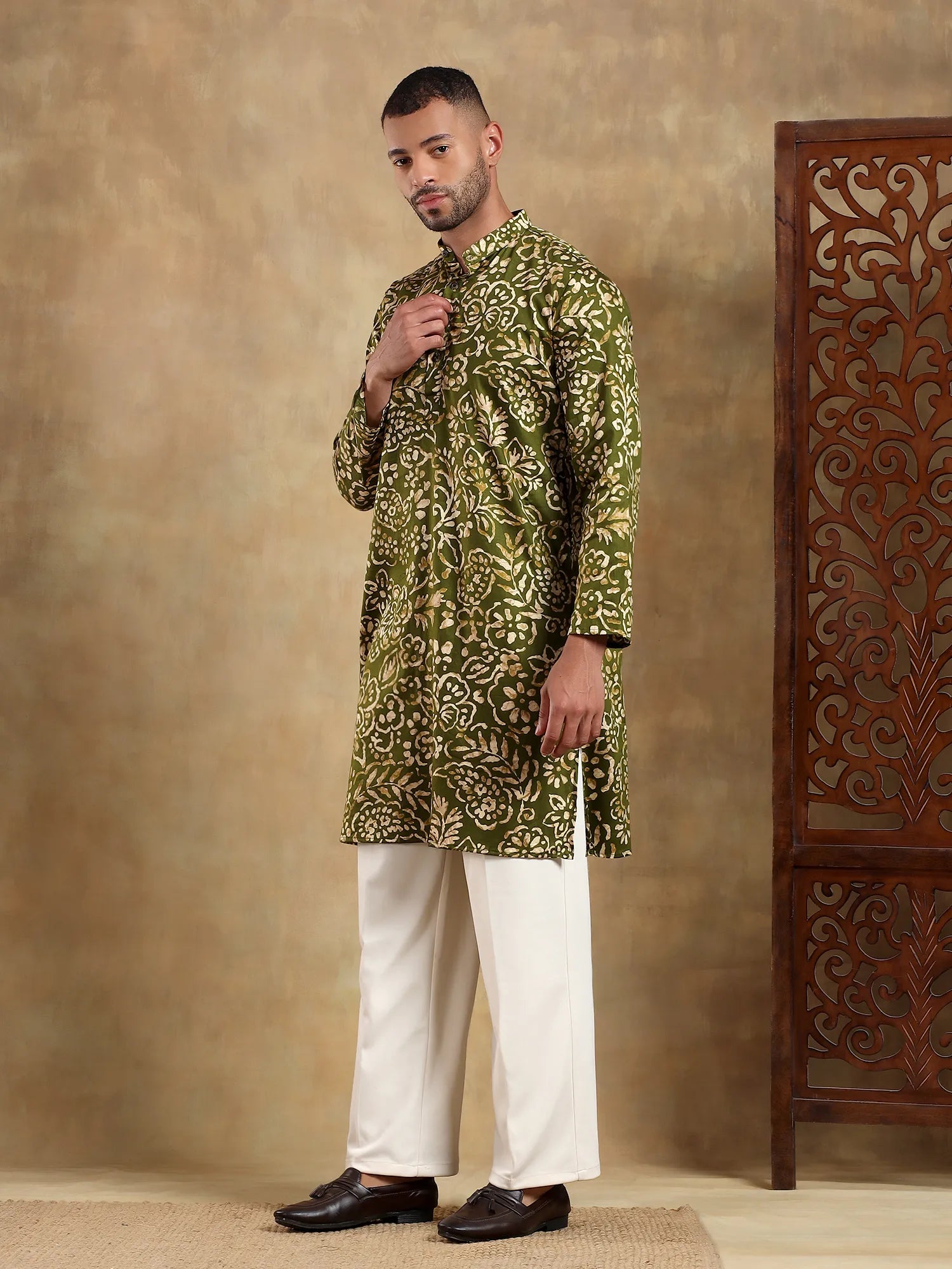 Olive Green Floral Printed Long Kurta