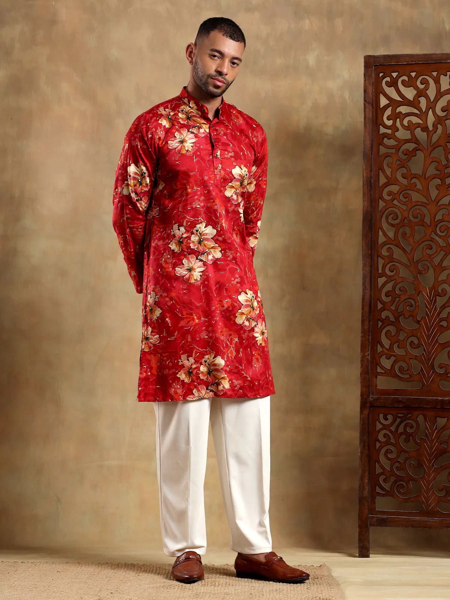 Red Floral gold Foil Long Kurta