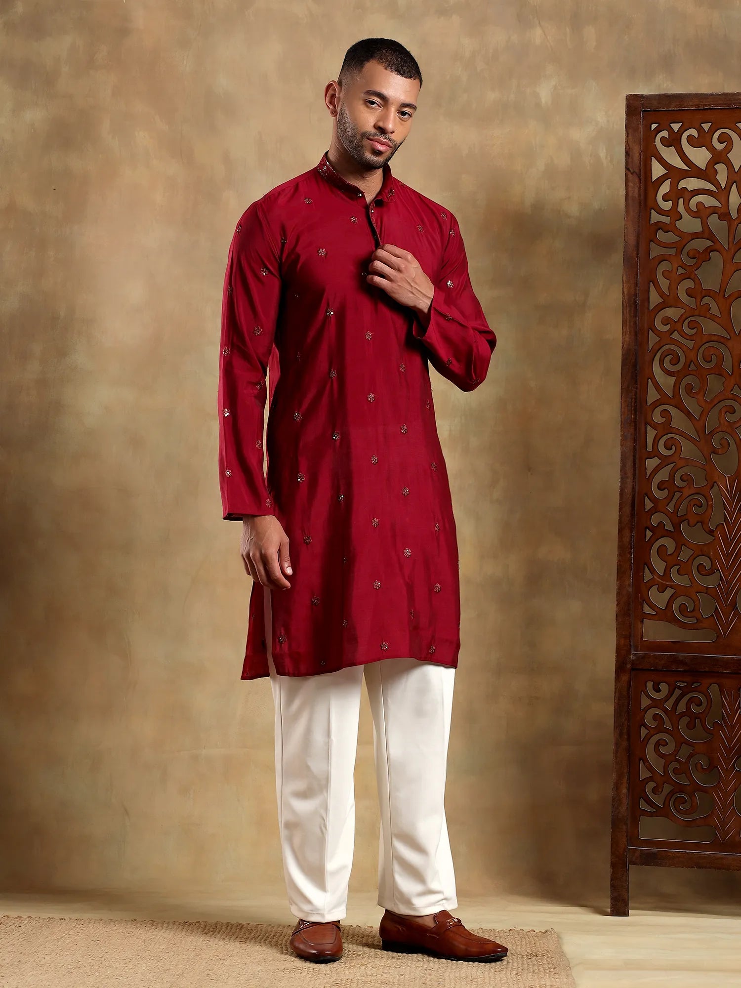 Maroon Embroidered Long Kurta