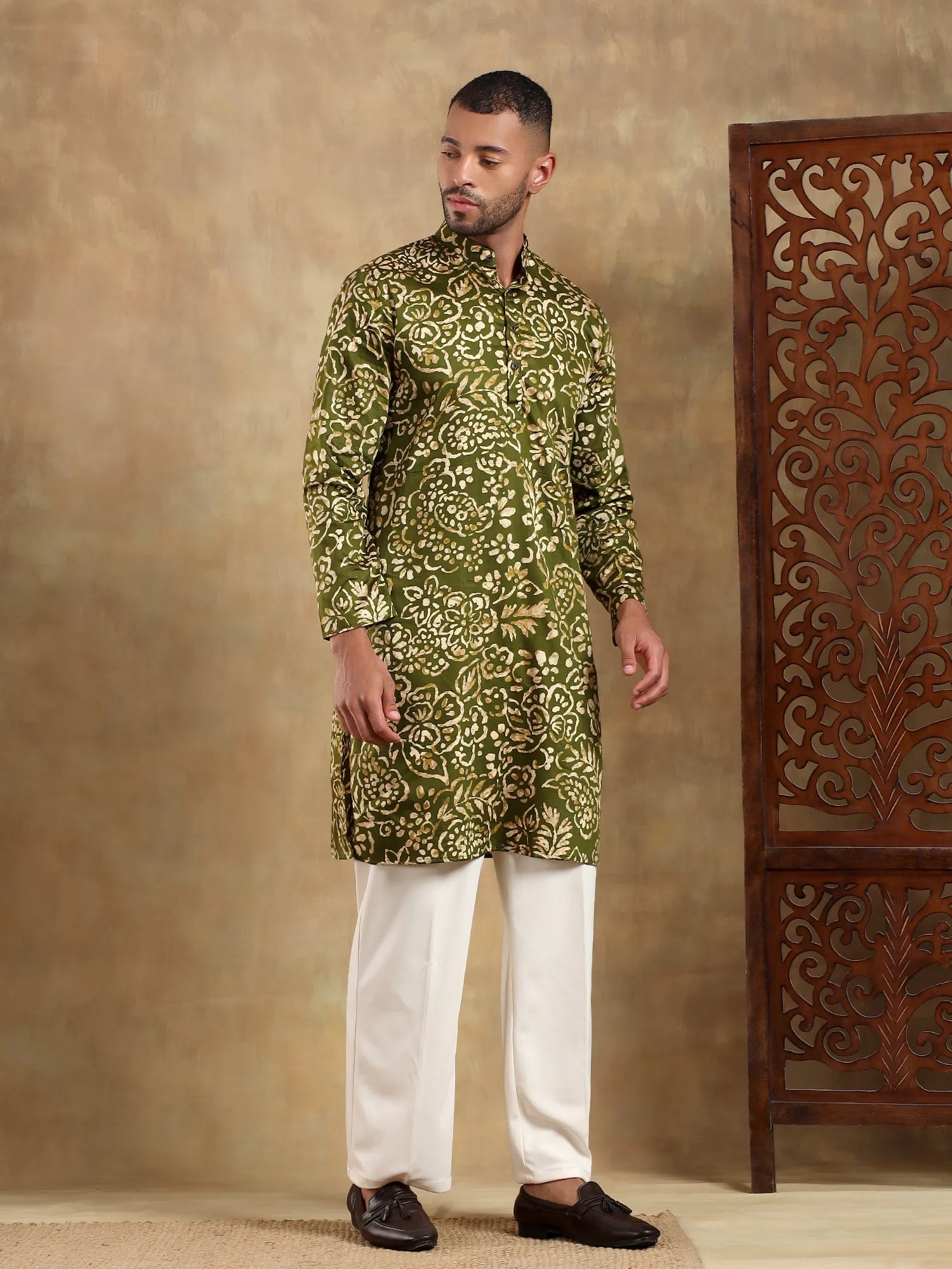 Olive Green Floral Printed Long Kurta