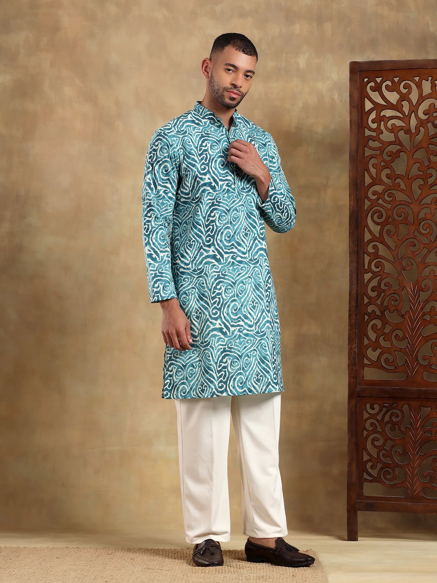 Sky Blue Abstract Printed Long Kurta & pyjama set