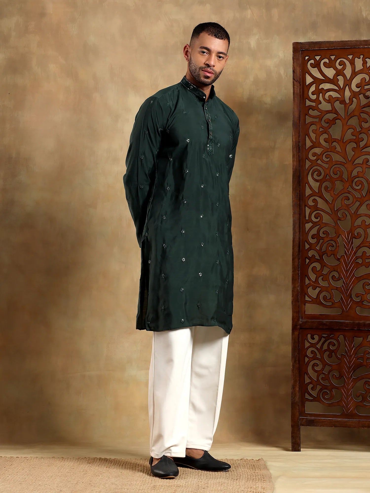 Deep Green Embroidered Long Kurta