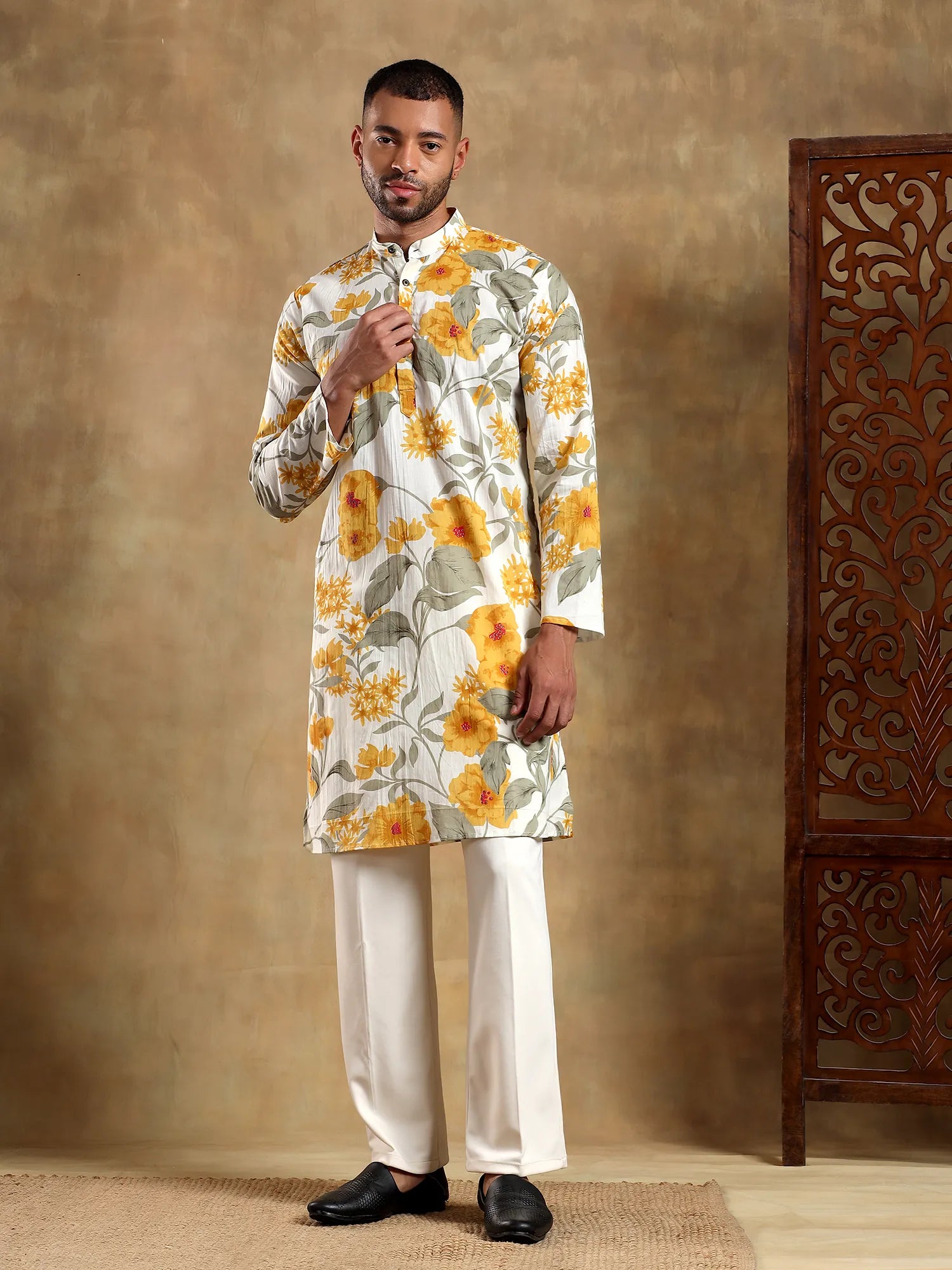 White/Yellow floral Printed Long Kurta & pyjama set