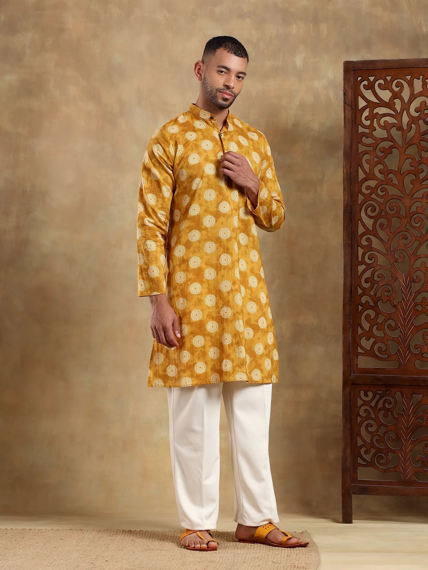 Mustard Orbit Printed Long Kurta & pyjama set