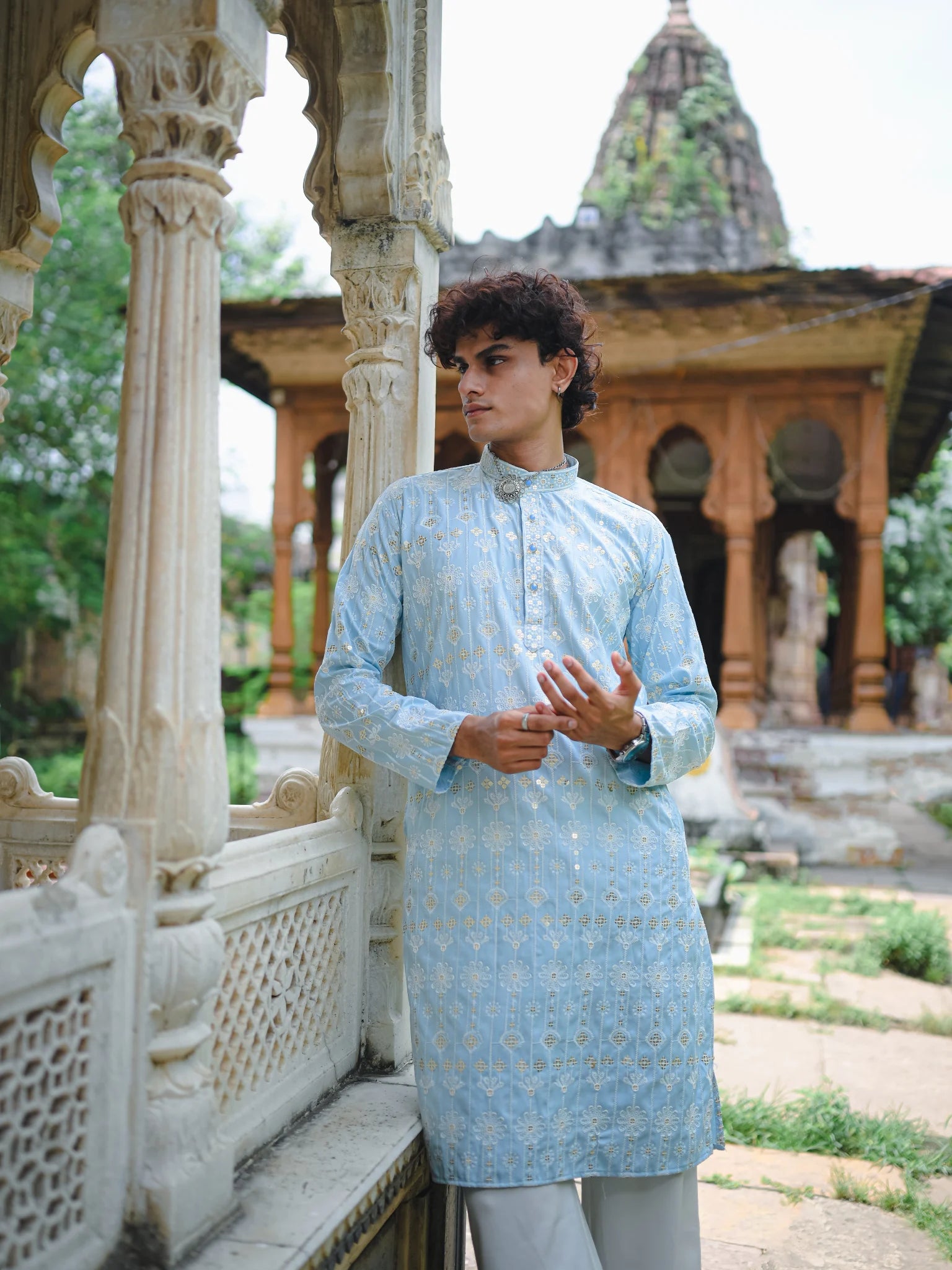 Sky Blue Thread And Mirror Work Kurta