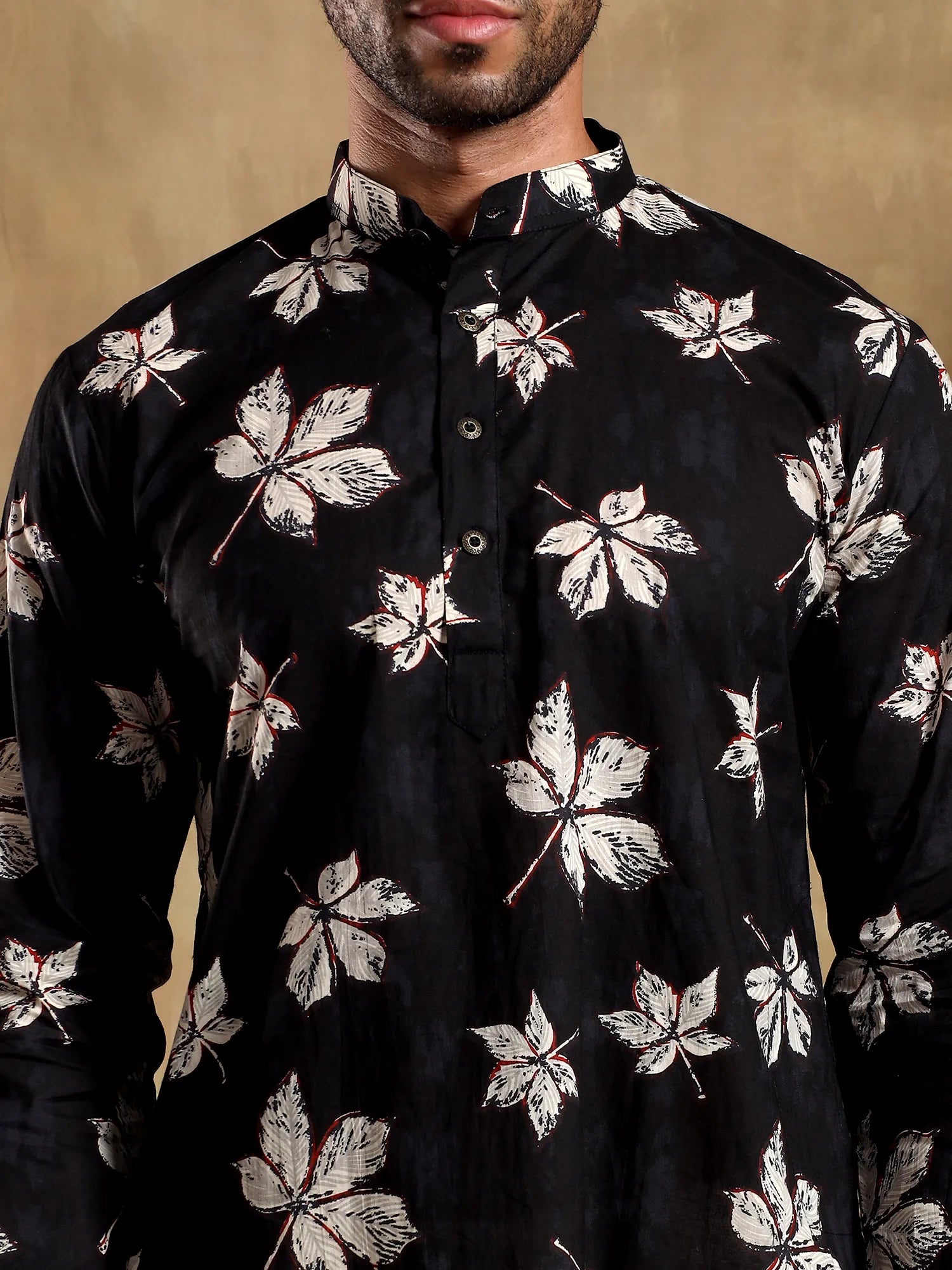 Black Leaf Printed Long Kurta & pyjama set