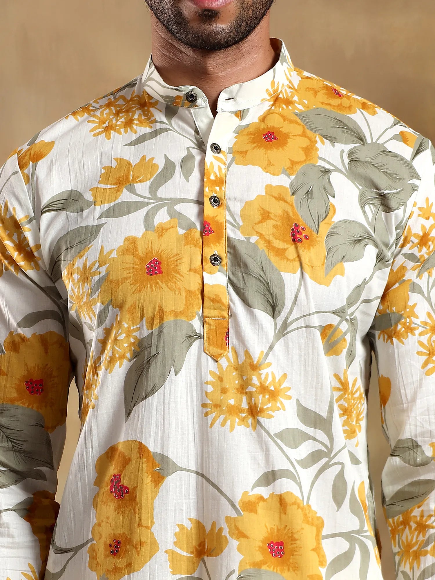 White/Yellow floral Printed Long Kurta & pyjama set