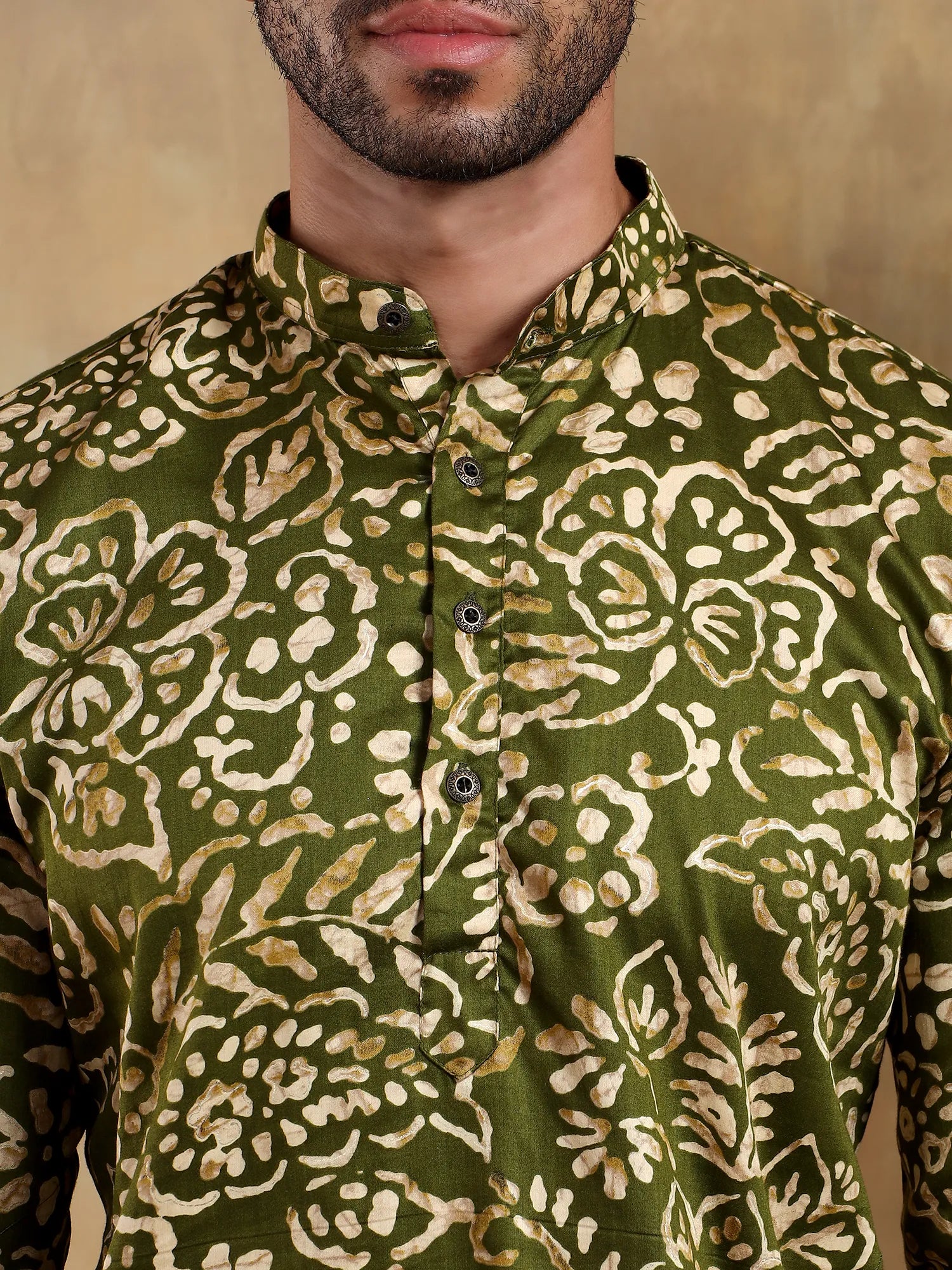 Olive Green Floral Printed Long Kurta
