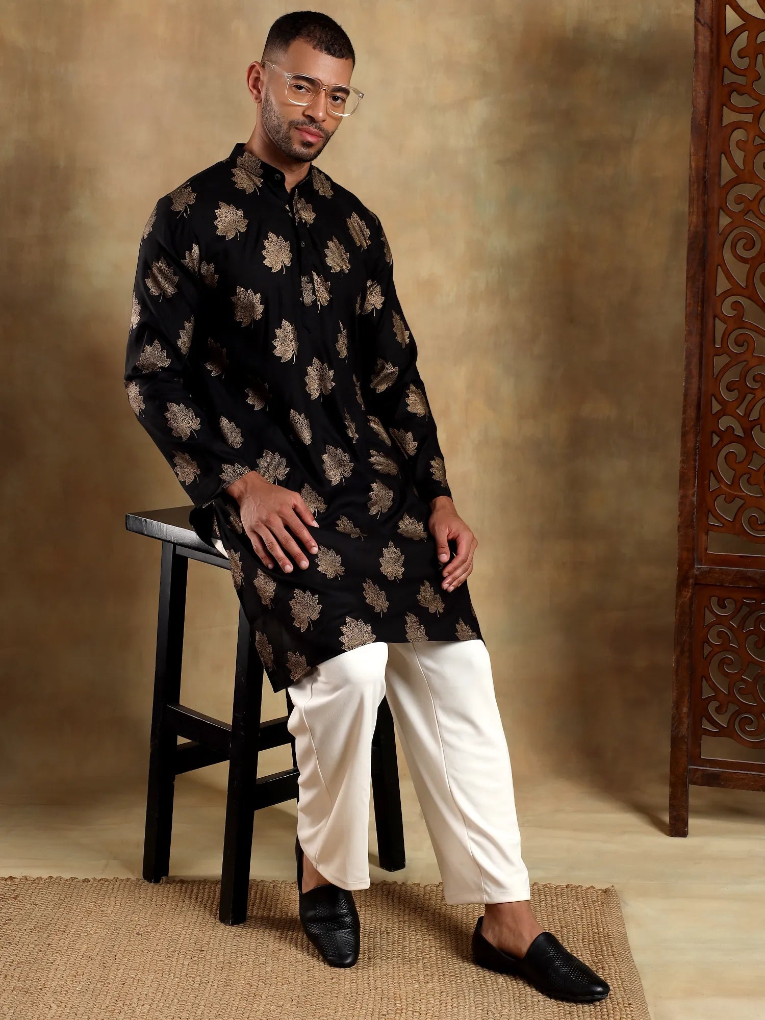 Black gold Leaf Long Kurta