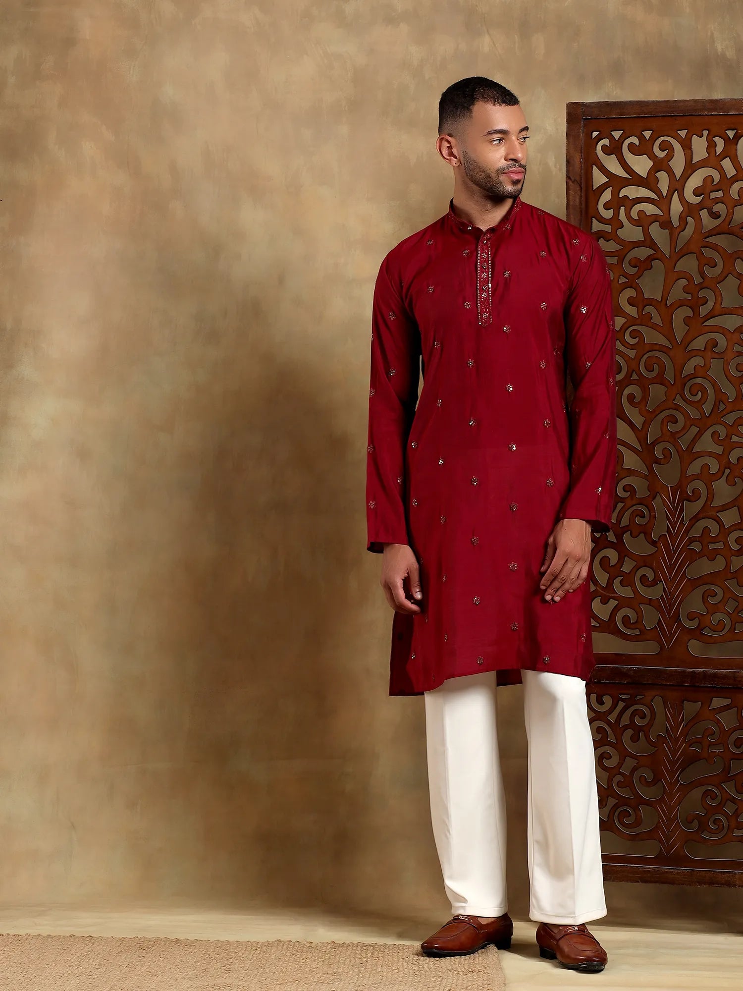 Maroon Embroidered Long Kurta