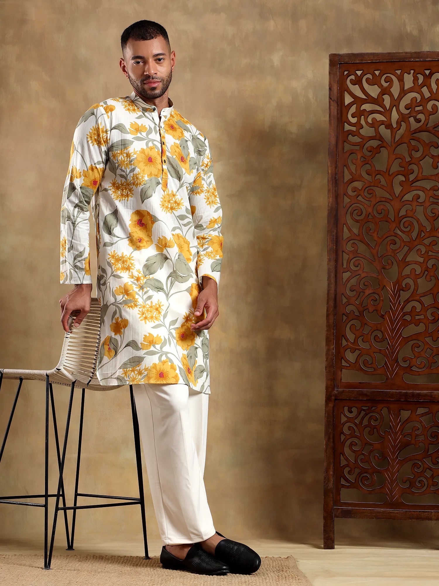 White/Yellow floral Printed Long Kurta & pyjama set