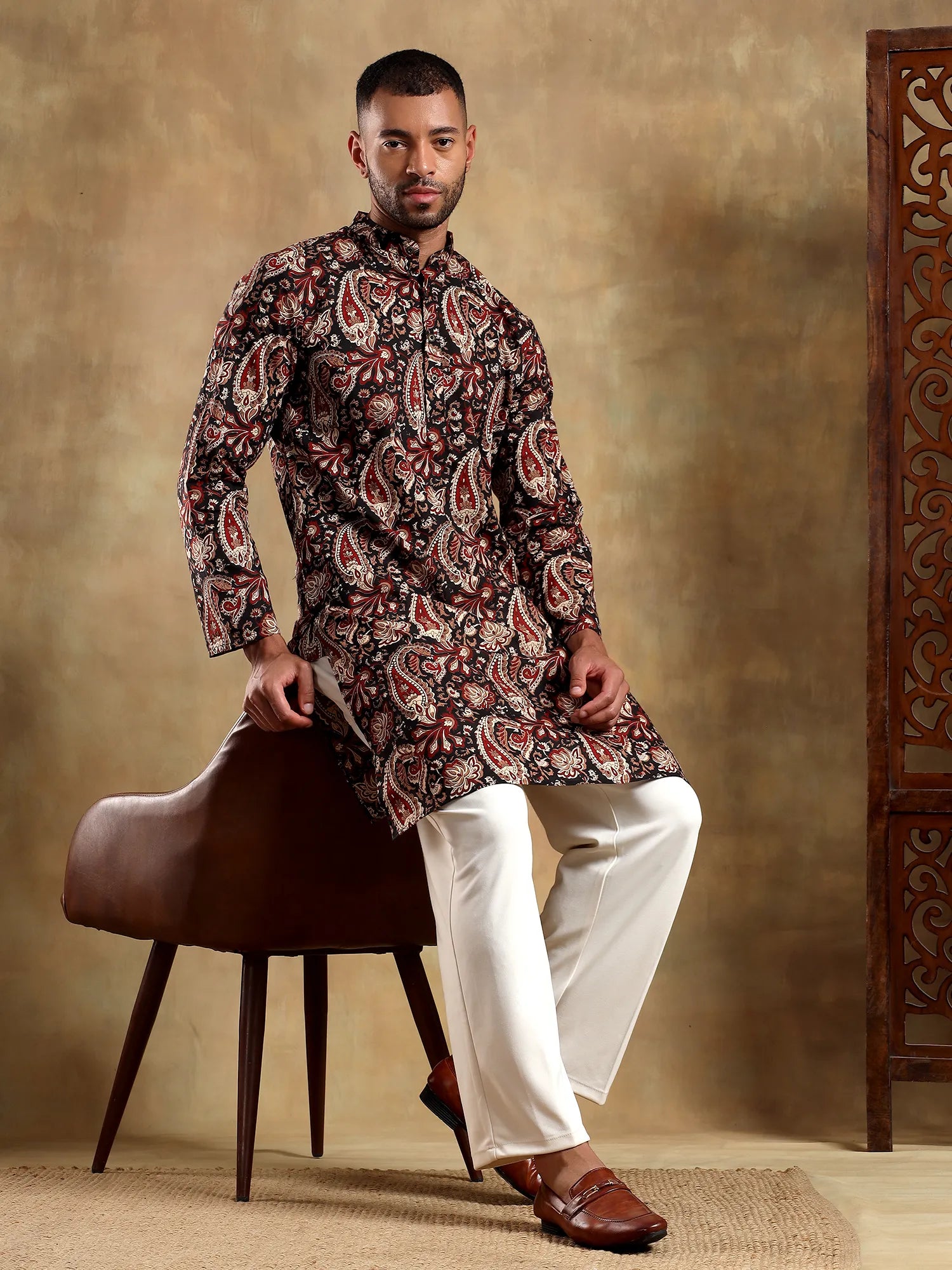 Black Red Paisley Printed Long Kurta & pyjama set