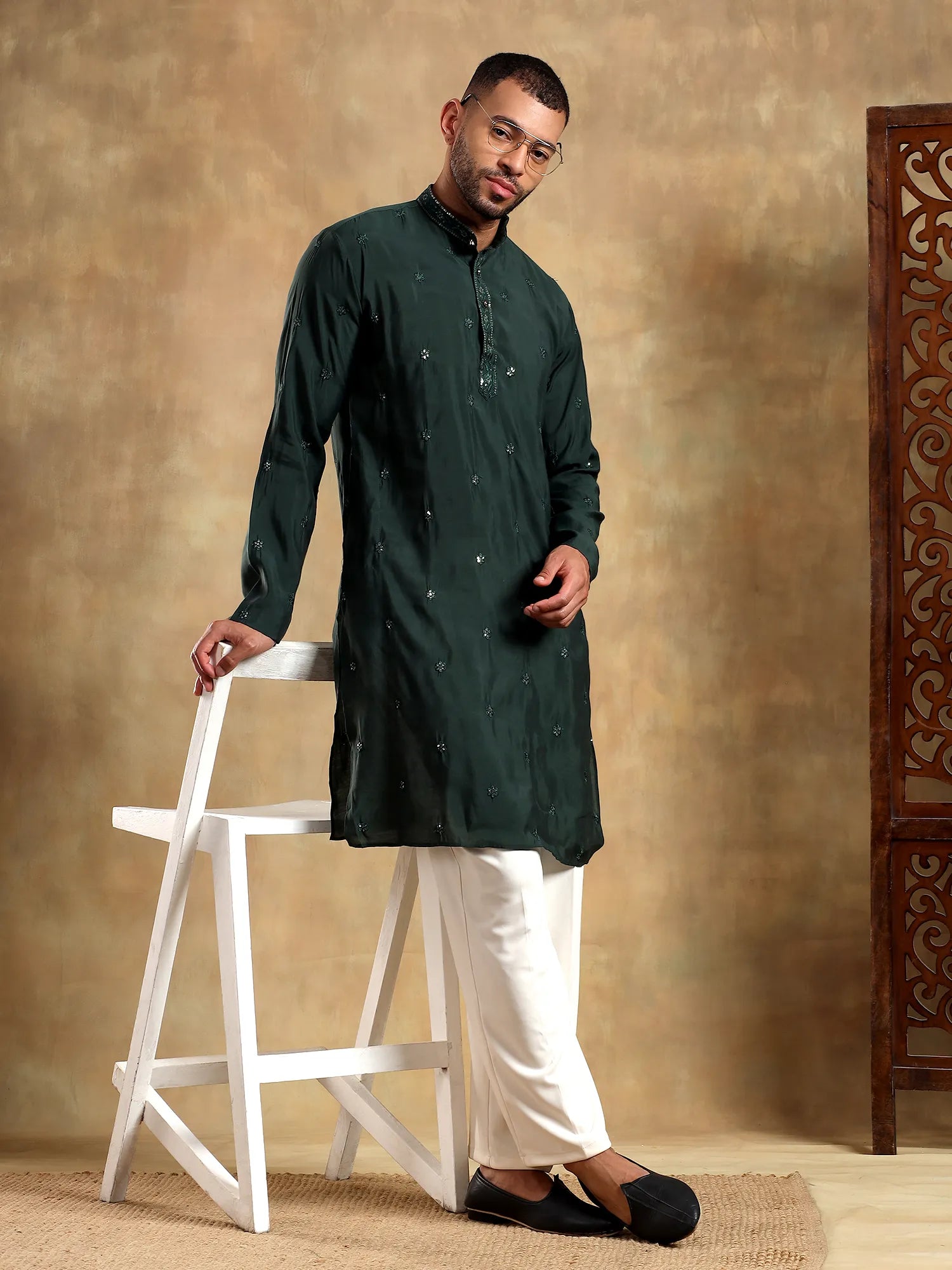 Deep Green Embroidered Long Kurta