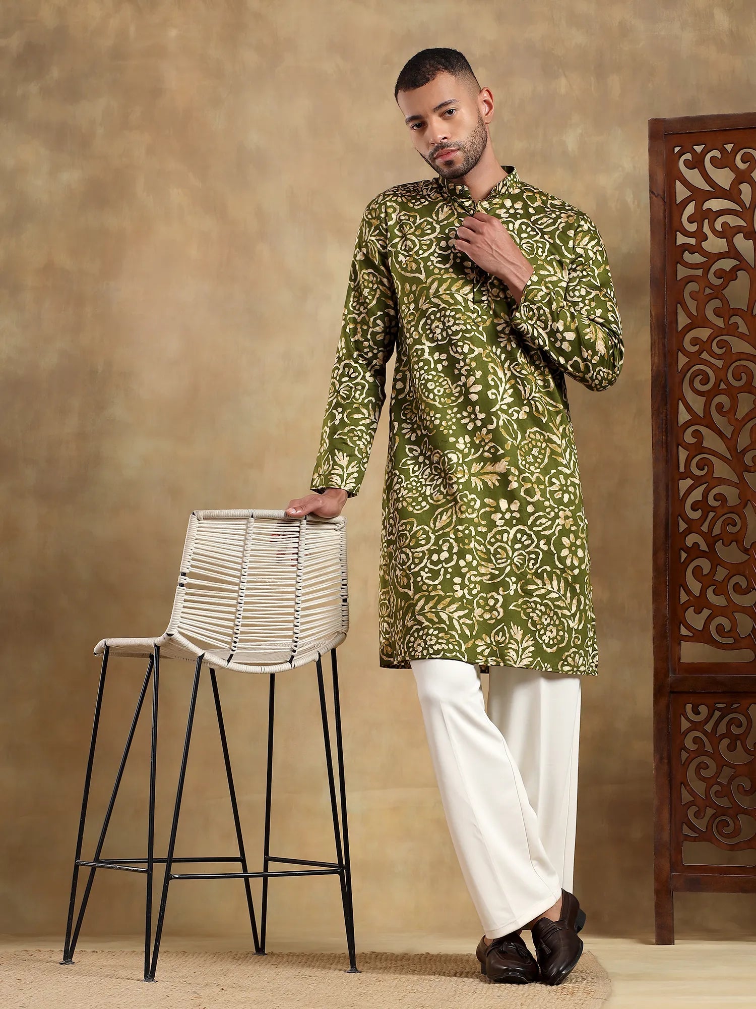 Olive Green Floral Printed Long Kurta
