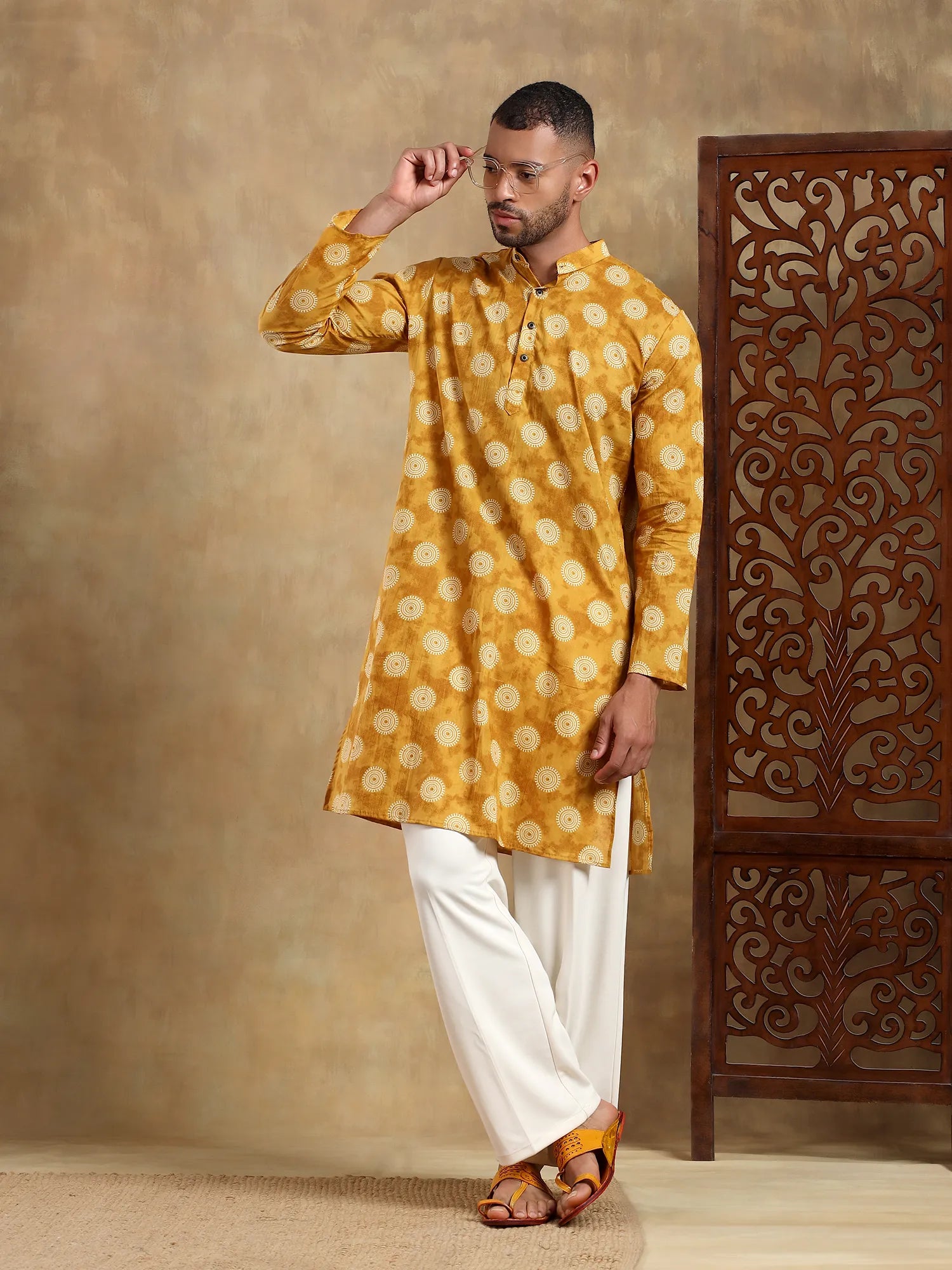 Mustard Orbit Printed Long Kurta & pyjama set