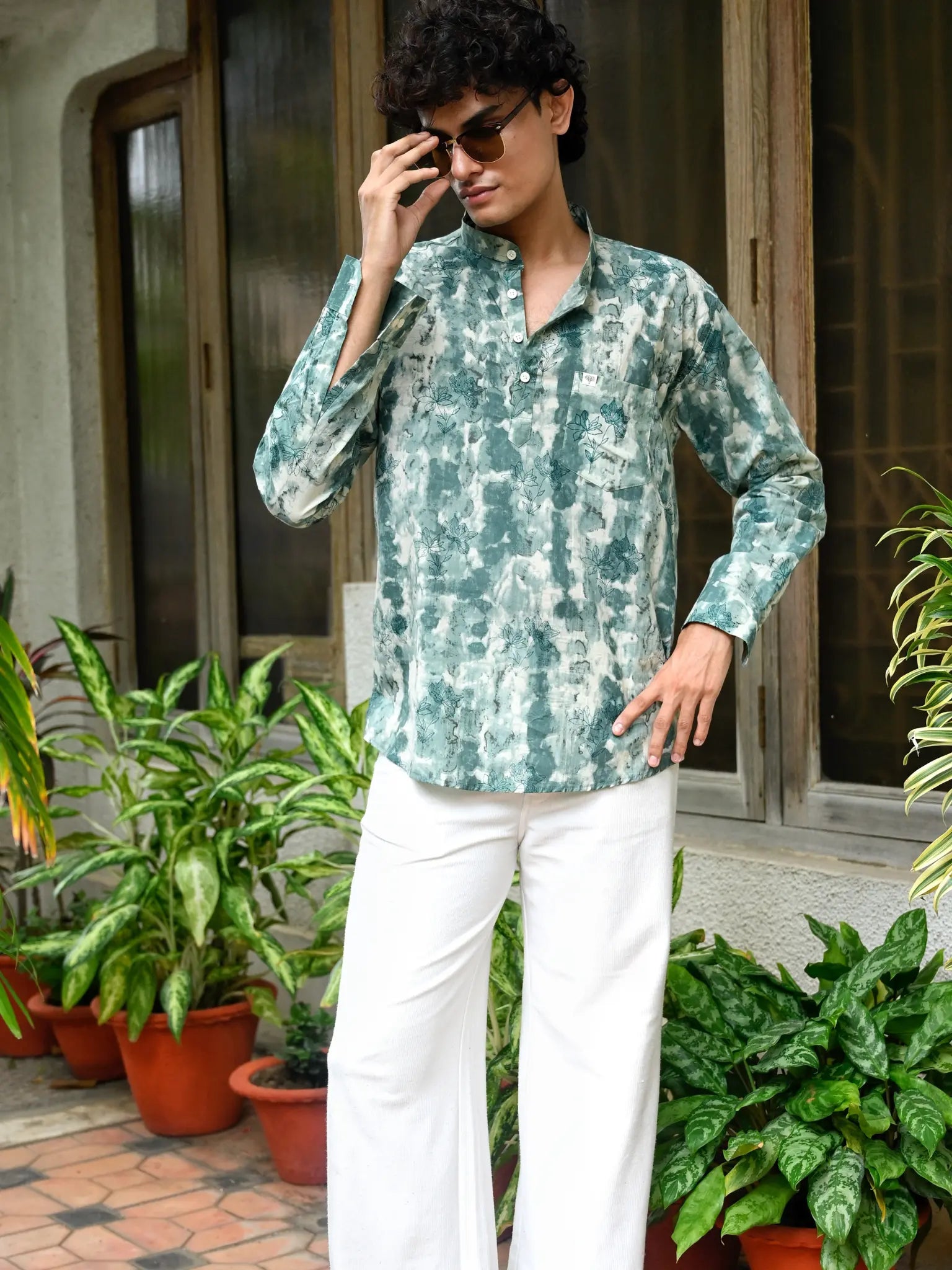 cyan flower printed short kurta