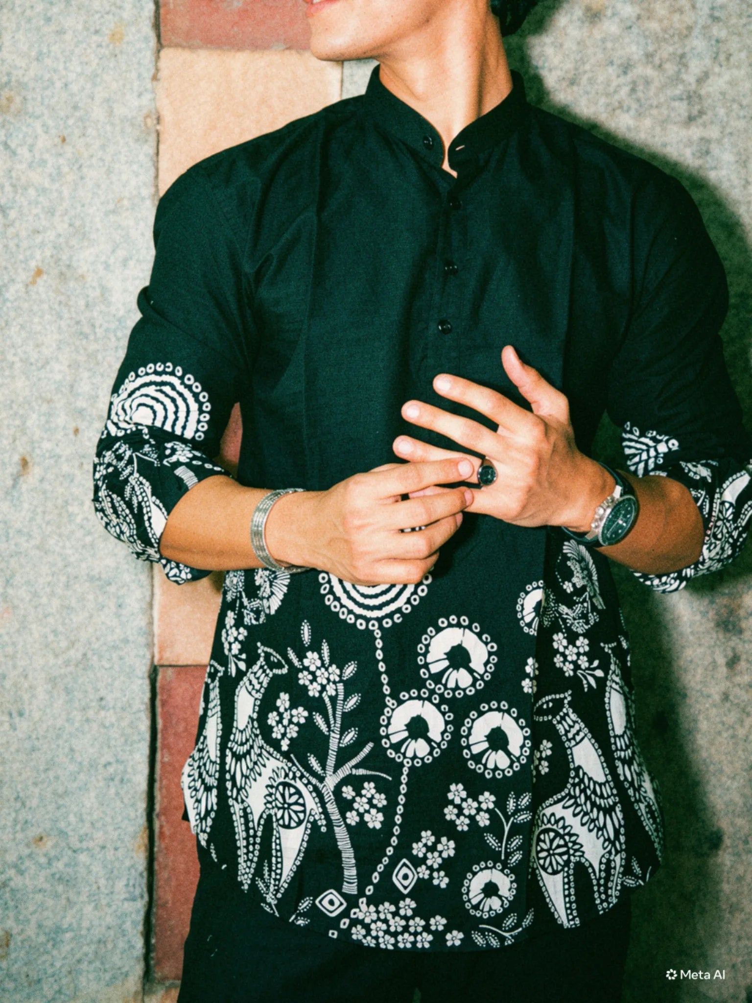 Black Placement Print short kurta