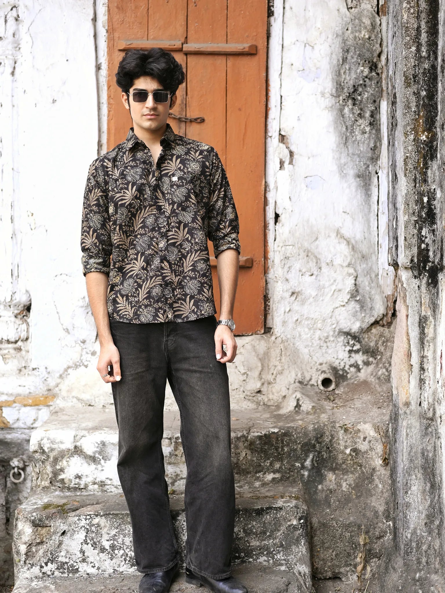 Black Golden Floral Full Sleeves Shirt