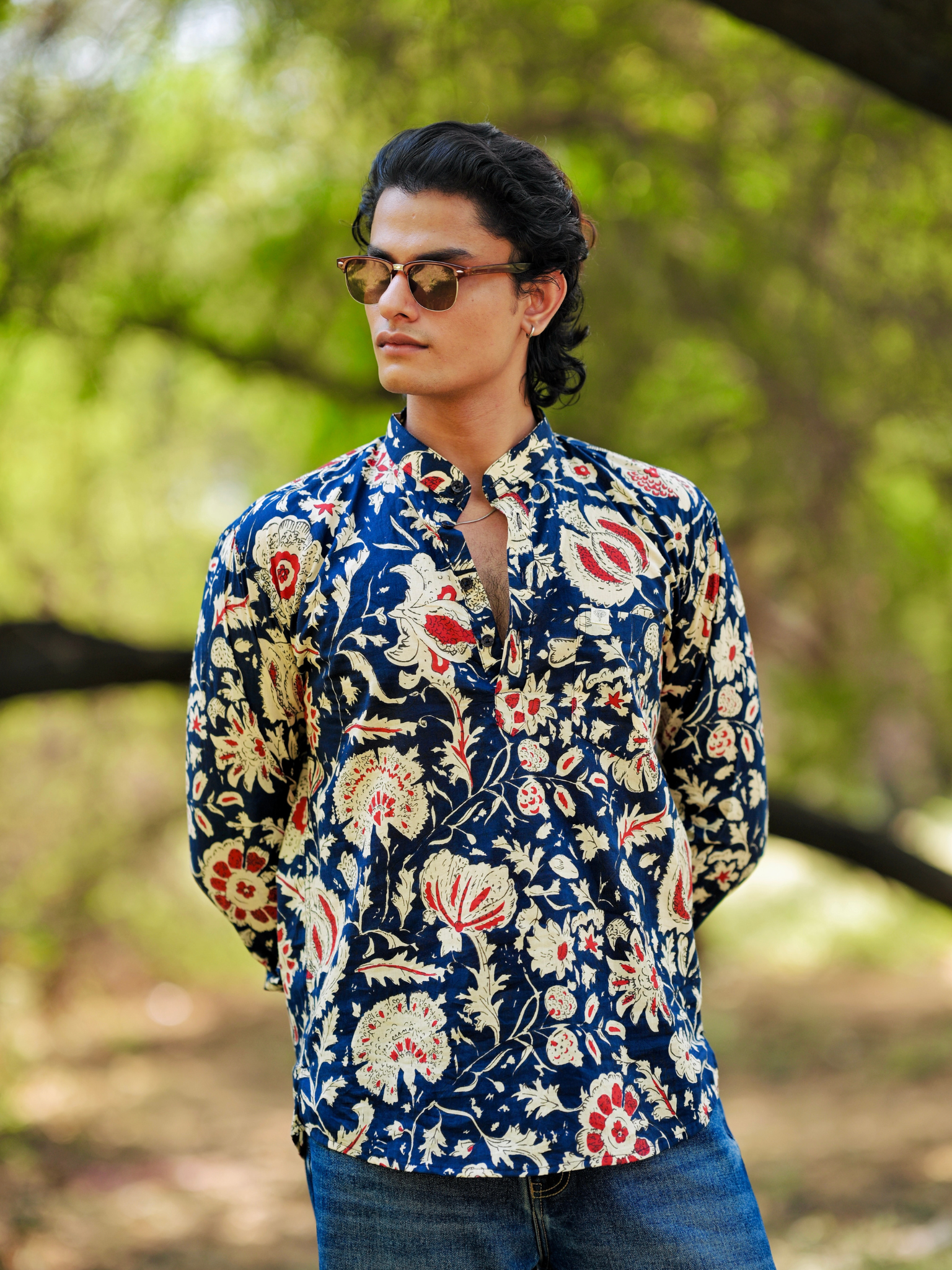 Navy Blue/Cream floral Printed short kurta