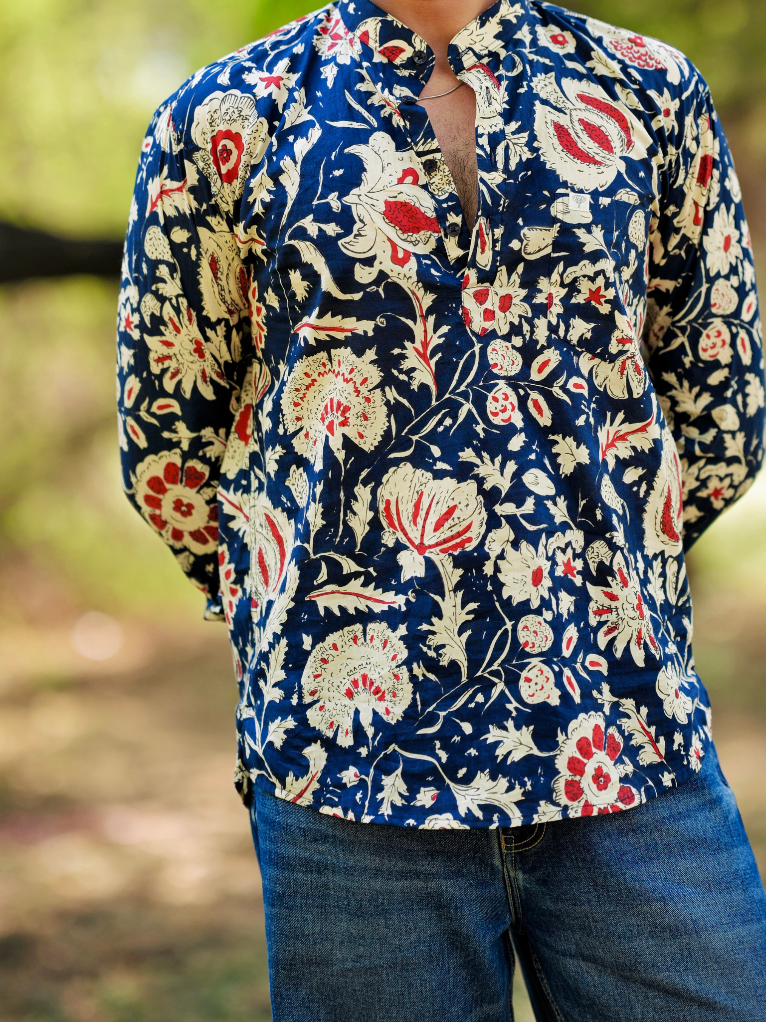 Navy Blue/Cream floral Printed short kurta