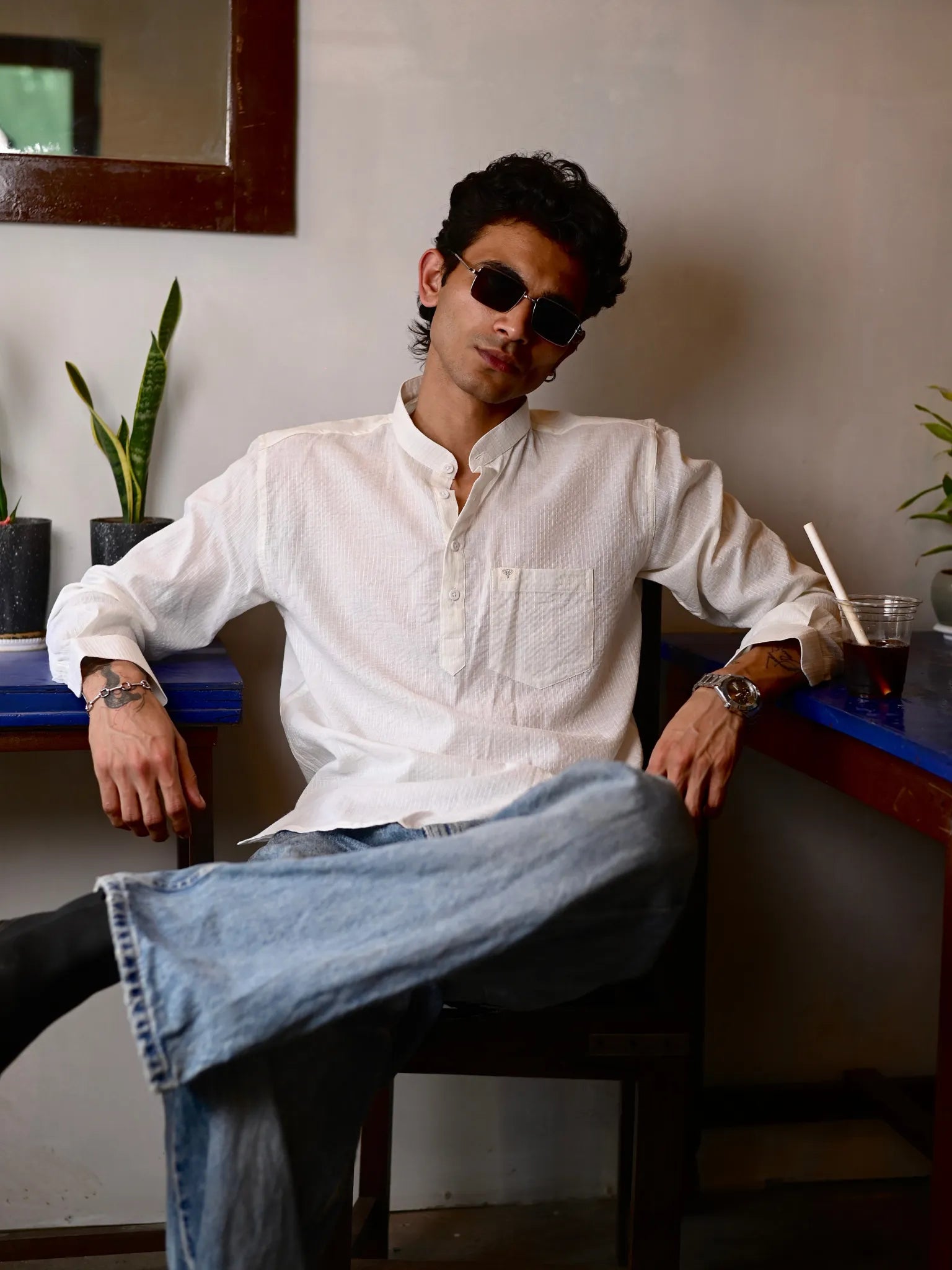 White Kantha thread work Short Kurta