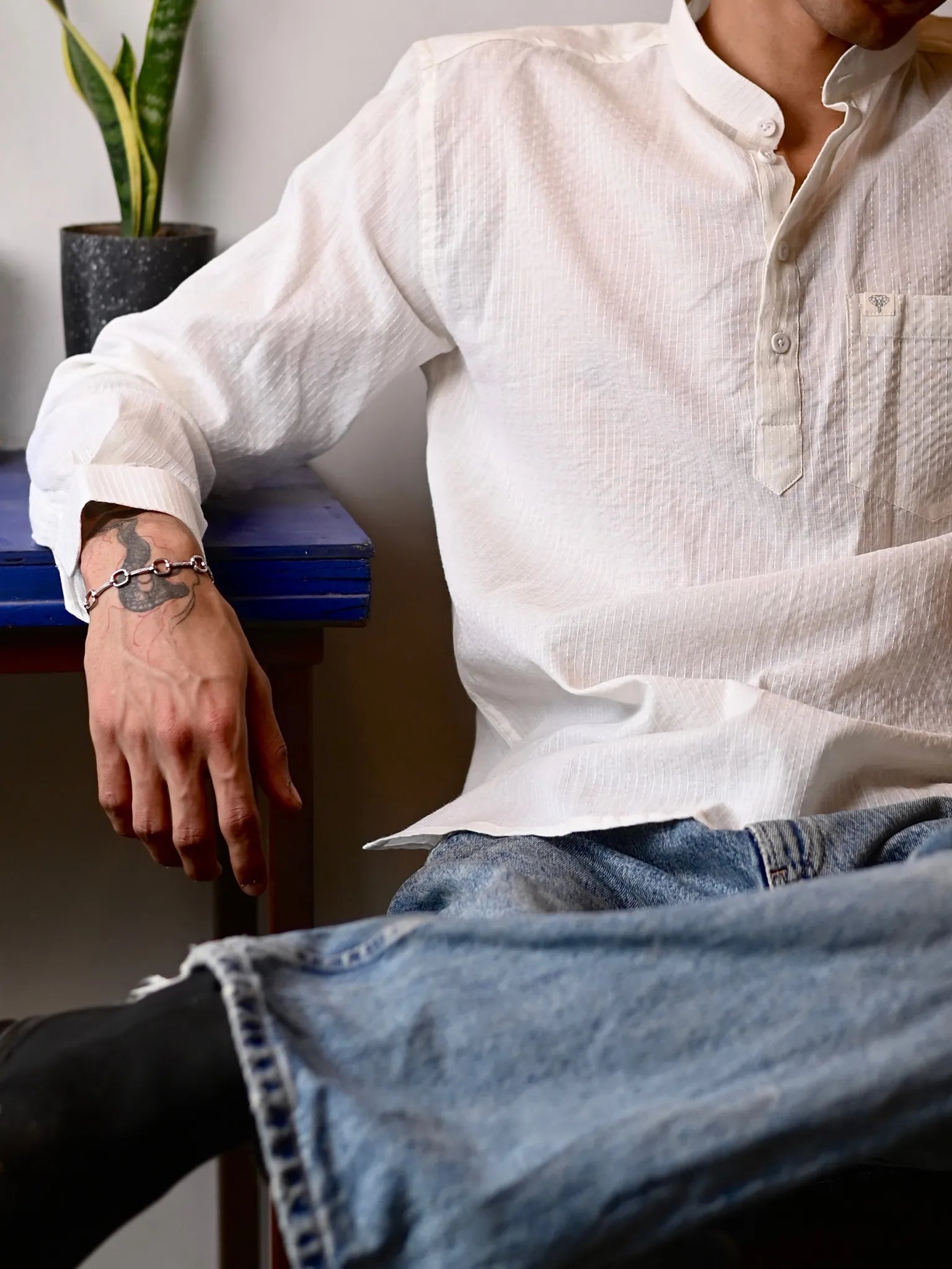 White Kantha thread work Short Kurta