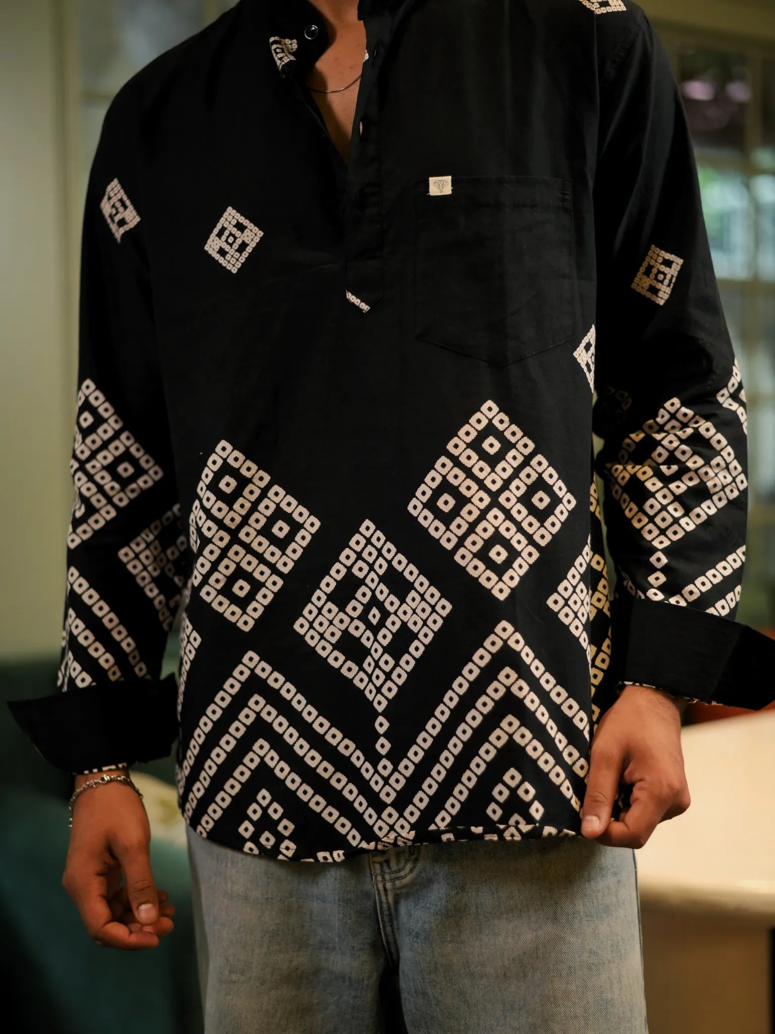 Black Bandej Placement Short Kurta