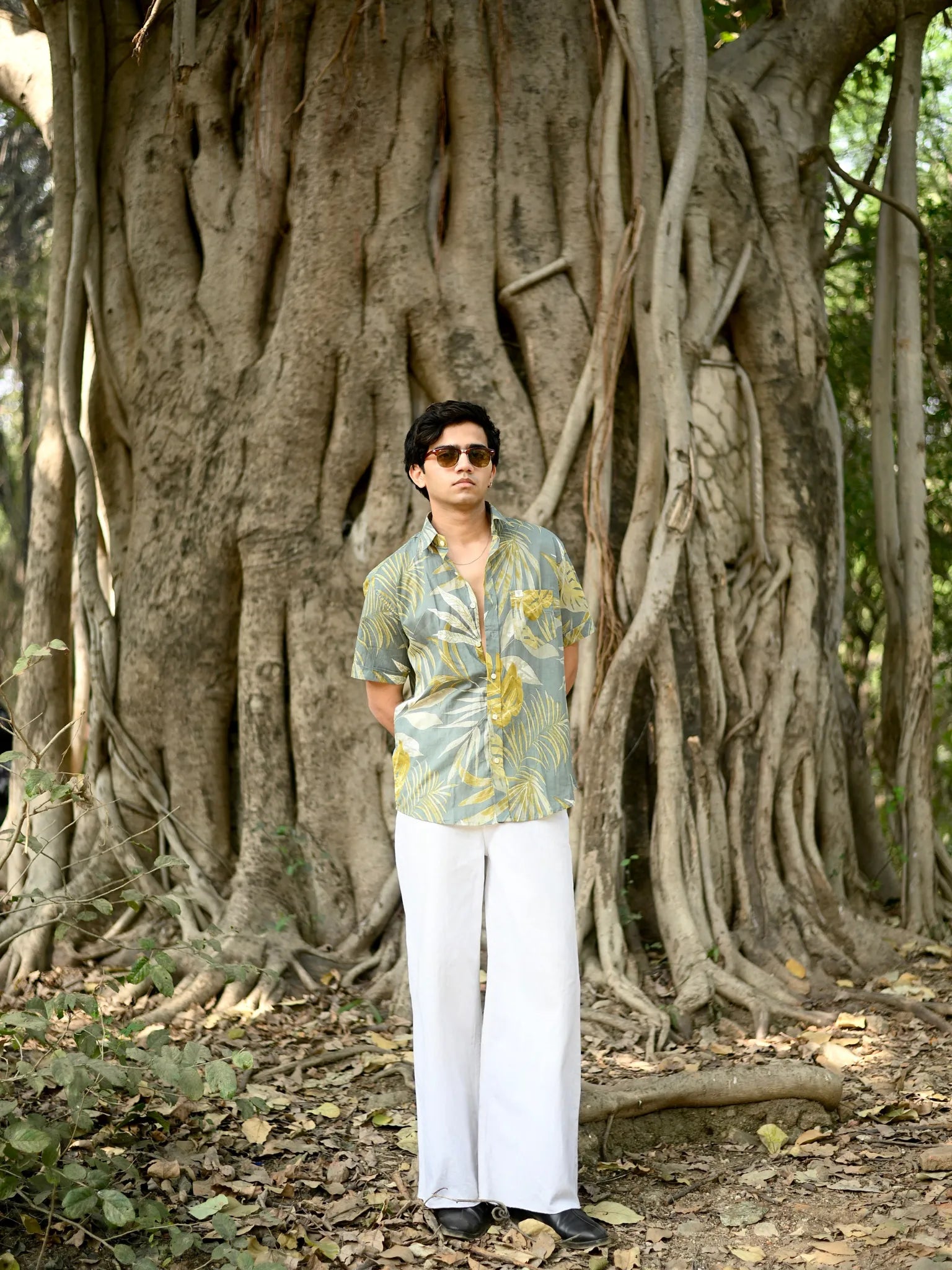 Olive Resort Leaf Half Sleeves Shirt